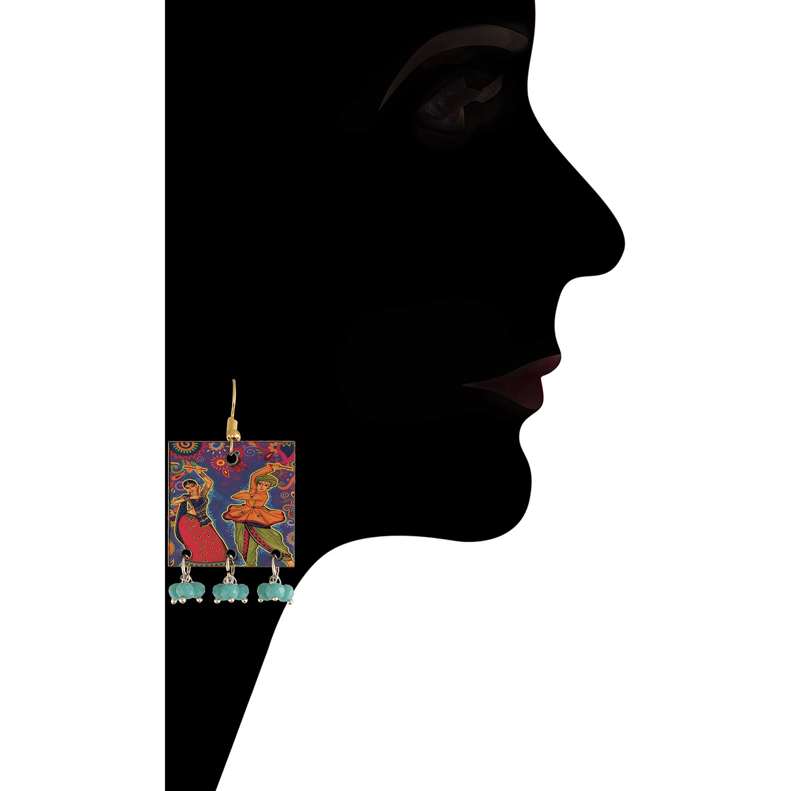 I Jewels Stylish Portrait Handpainted Wooden Pearl Necklace Jewellery With Earrings Set For Women & Girls (ML283)