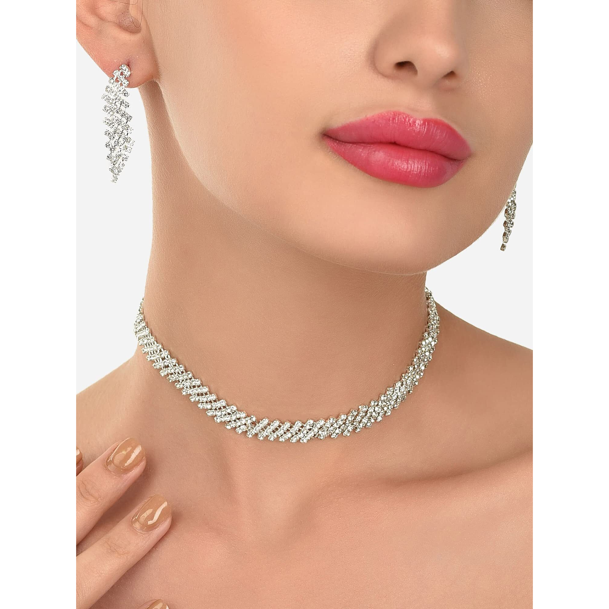 ZAVERI PEARLS Silver Tone Dazzling Austrian Diamonds Necklace & Earring Set For Women-ZPFK12106