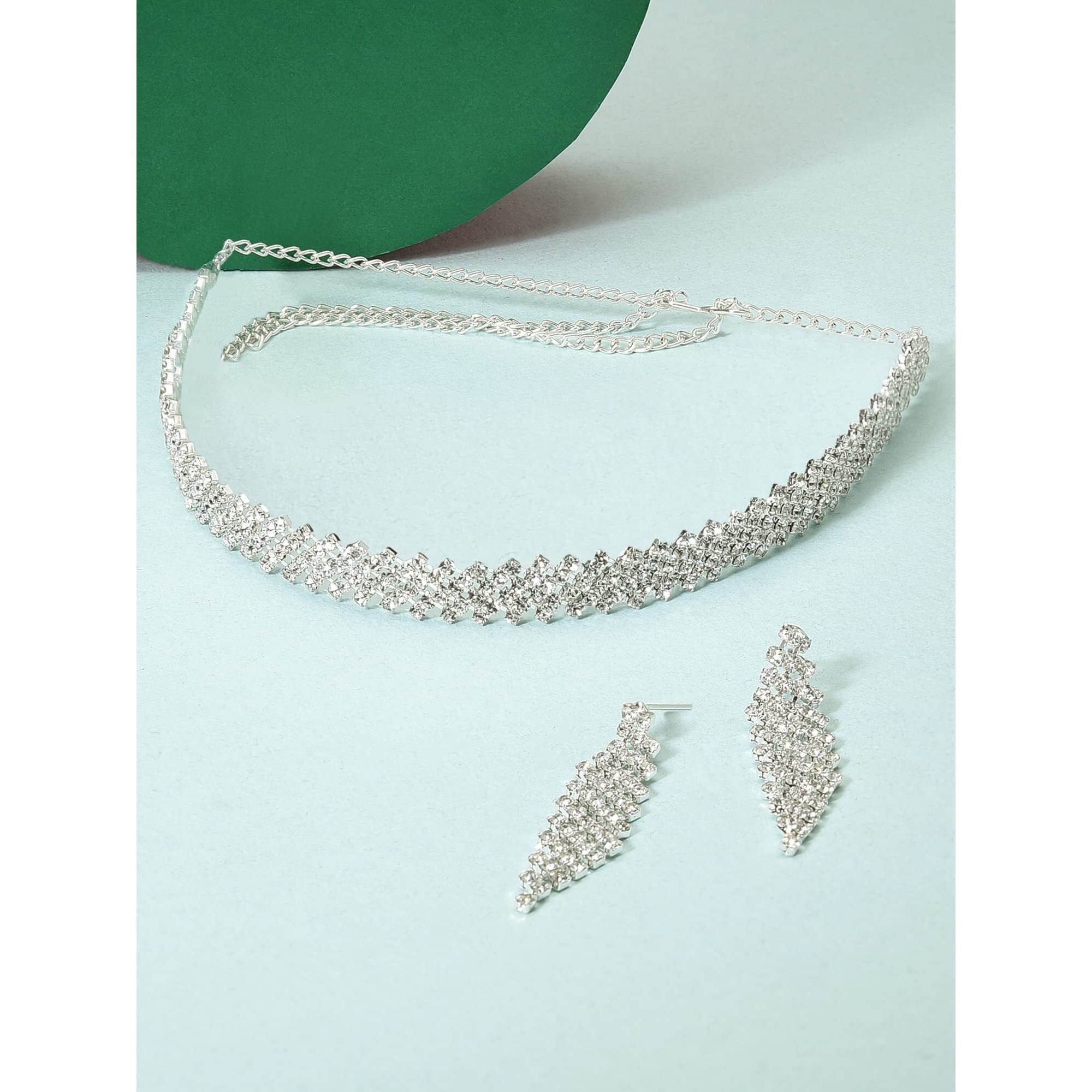 ZAVERI PEARLS Silver Tone Dazzling Austrian Diamonds Necklace & Earring Set For Women-ZPFK12106
