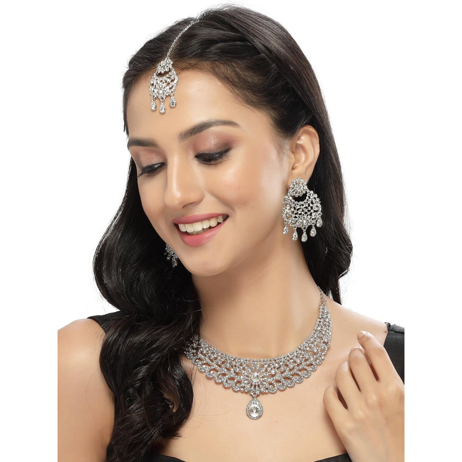 Sukkhi Desirable Rhodium Plated Silver AD White Stones Floral Silver Necklace Set With Earring And Maangtika | Jewellery Set For Women (NS105611)