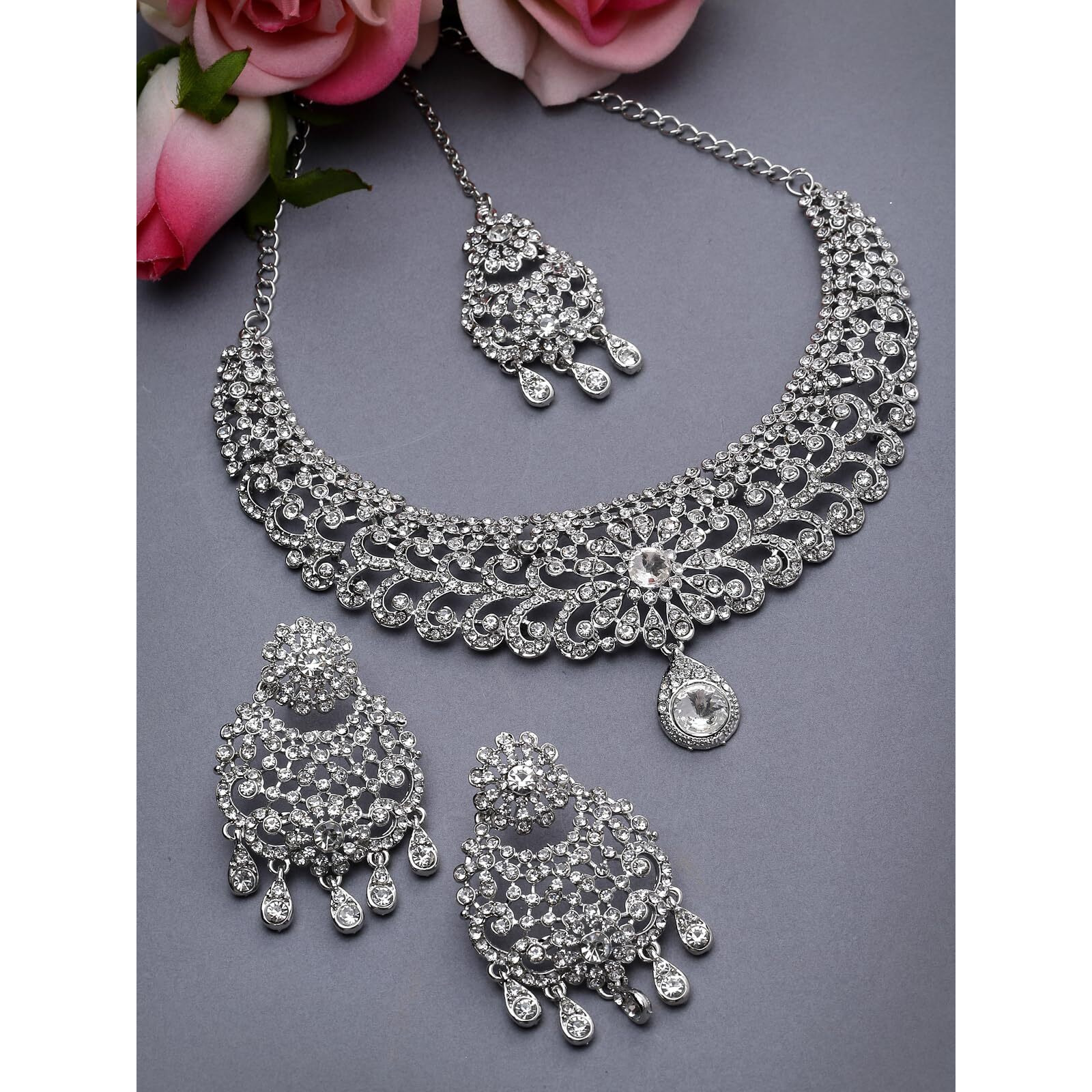 Sukkhi Desirable Rhodium Plated Silver AD White Stones Floral Silver Necklace Set With Earring And Maangtika | Jewellery Set For Women (NS105611)