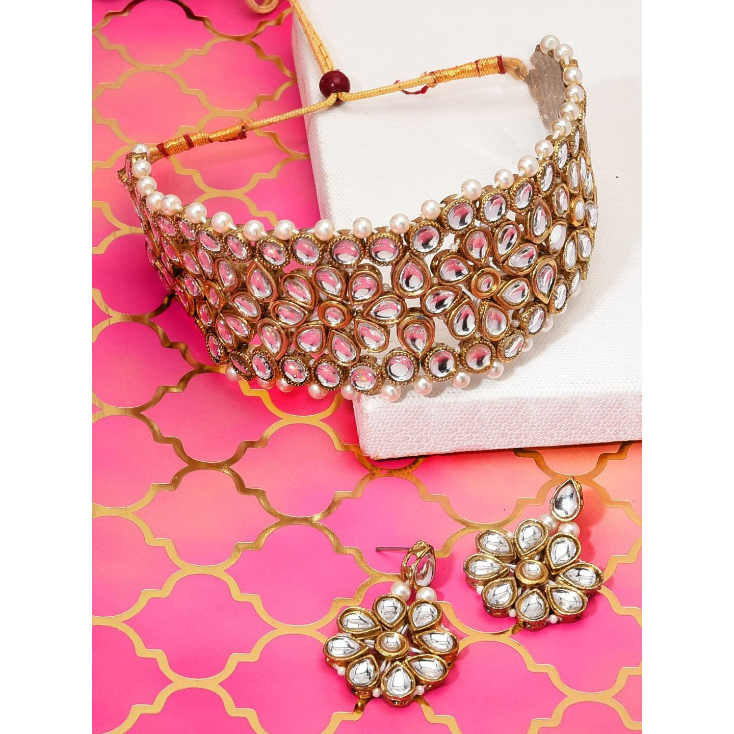 ZAVERI PEARLS Antique Gold Tone Mesmerising Kundan Choker Necklace Set For Women-ZPFK8926