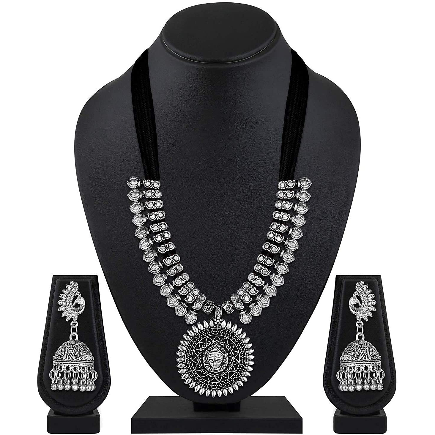 Shining Diva Fashion Latest Oxidised Silver Godess Durga Design Necklace Jewellery Set for Women (Design2-black) (rrsd11241s)