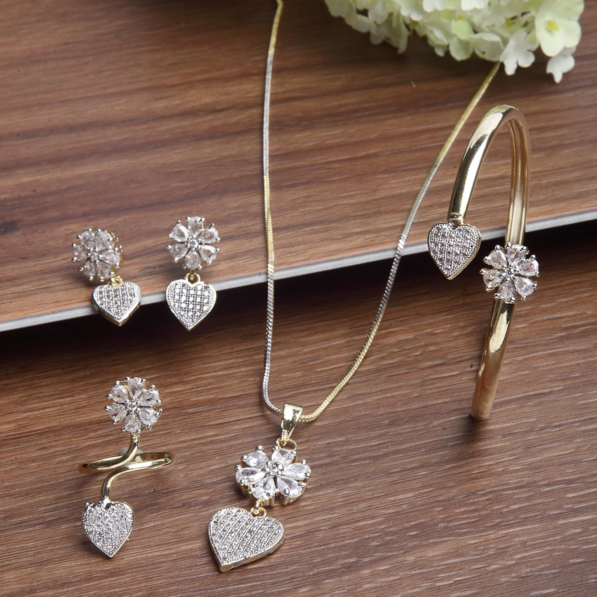 ZENEME Jewellery Set Gold Plated Heart Shaped American Diamond Pendant With Earrings Bracelet Ring Jewellery For Women and Girl
