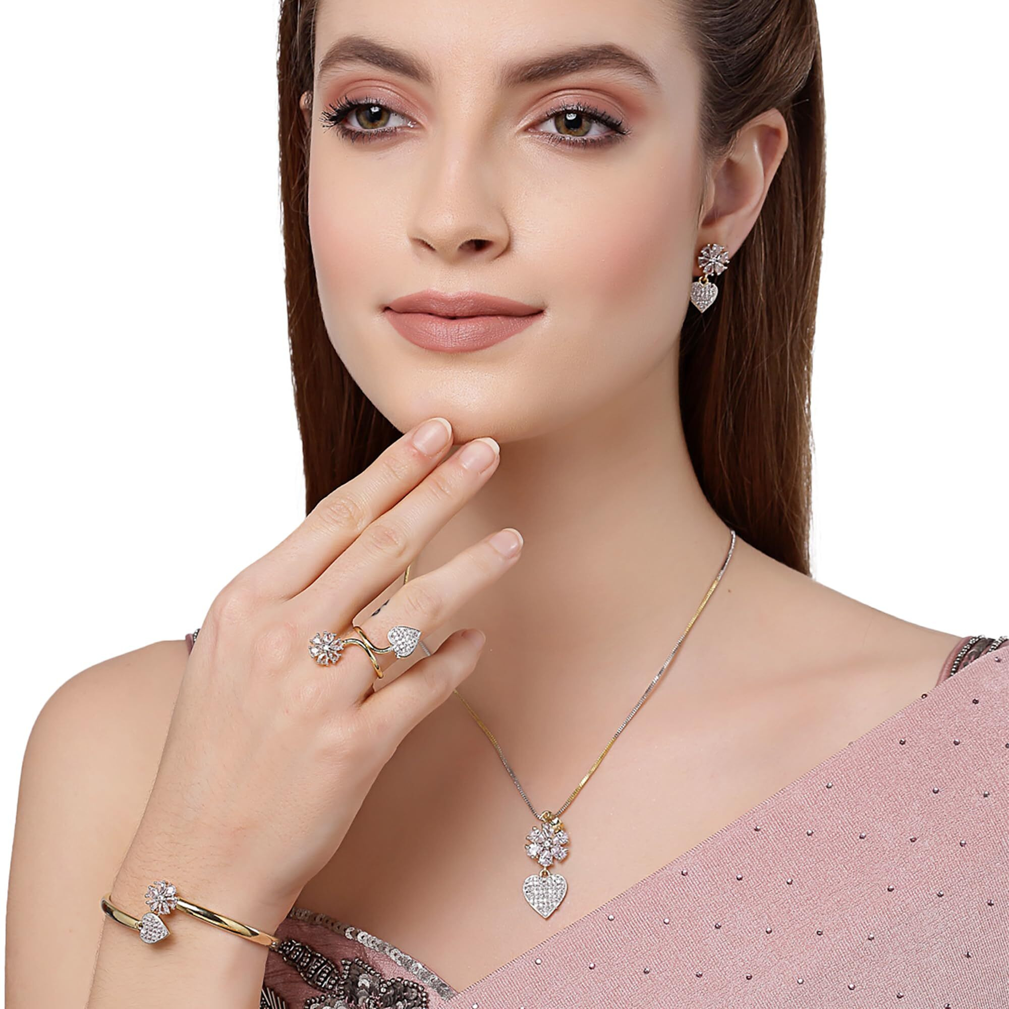 ZENEME Jewellery Set Gold Plated Heart Shaped American Diamond Pendant With Earrings Bracelet Ring Jewellery For Women and Girl