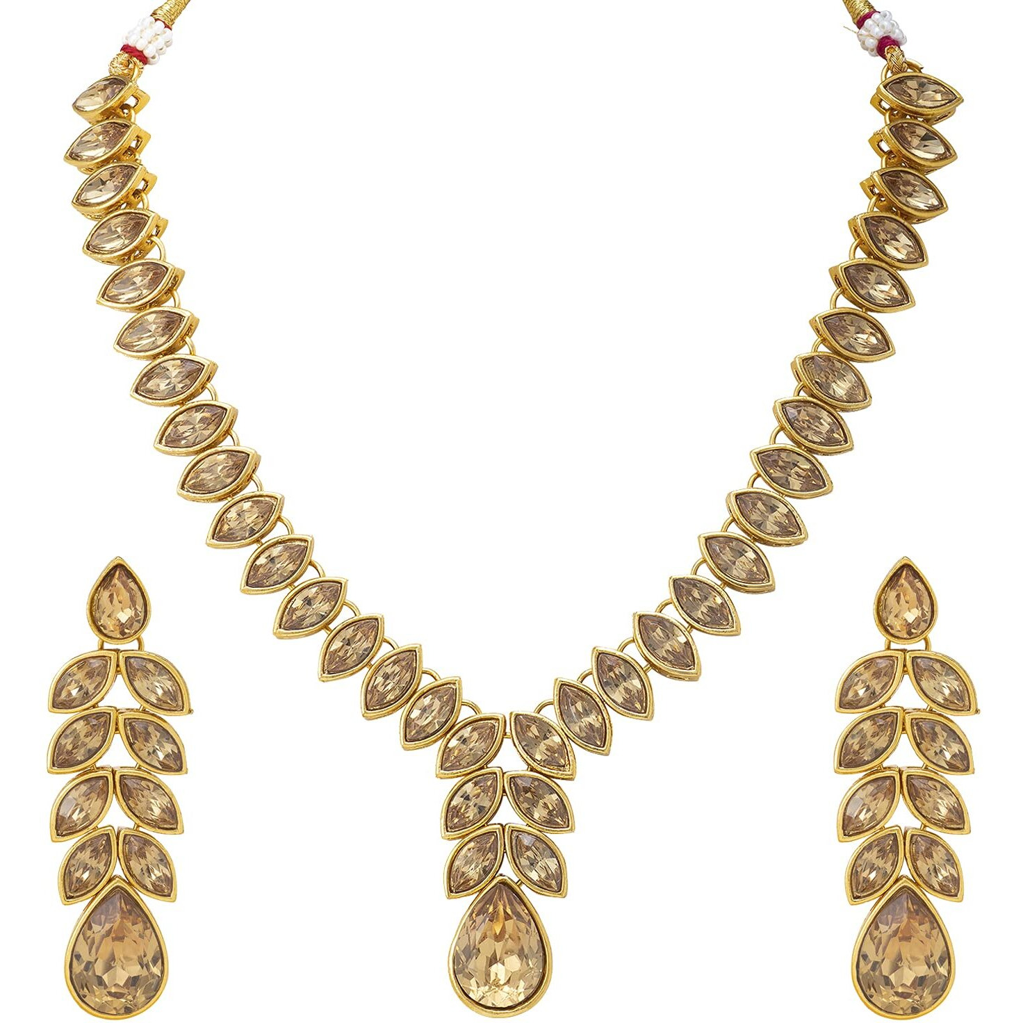Peora Gold Plated Traditional Champagne Crystal Studded Long Necklace Earrings Jewellery Set for Women