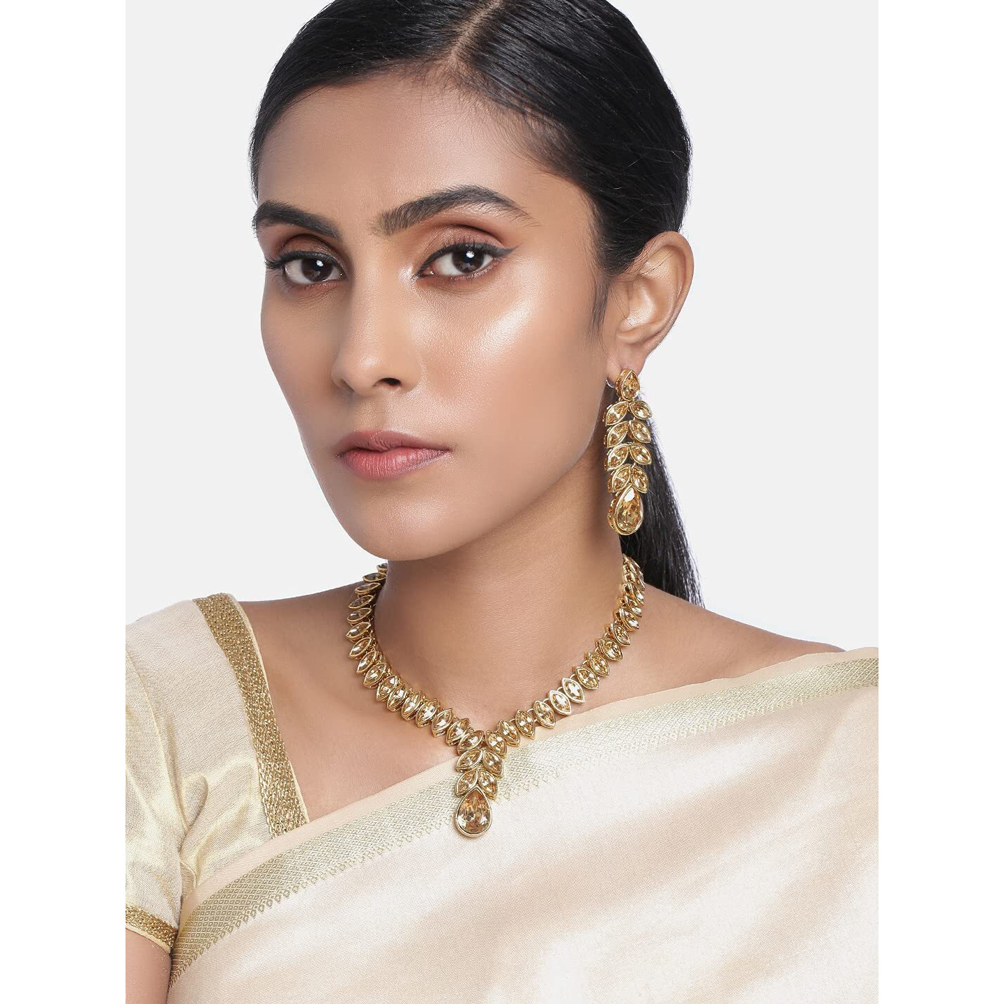 Peora Gold Plated Traditional Champagne Crystal Studded Long Necklace Earrings Jewellery Set for Women