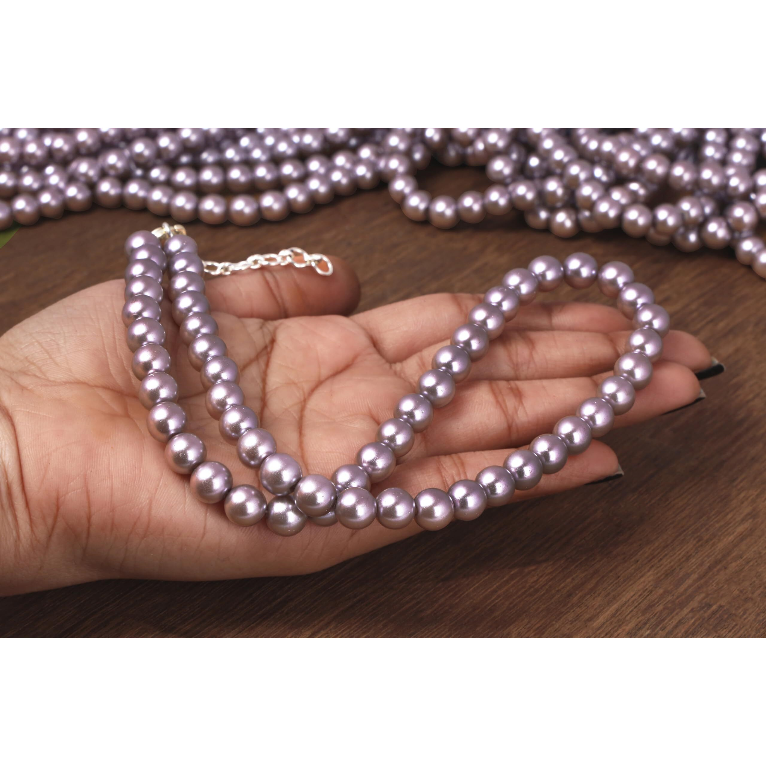 JFL - Jewellery for Less Combo Imitation 8mm Round Pearl Necklace Set Moti Mala Pearl Set With Earrings,Bracelet Handcrafted (Light Grey),Valentine