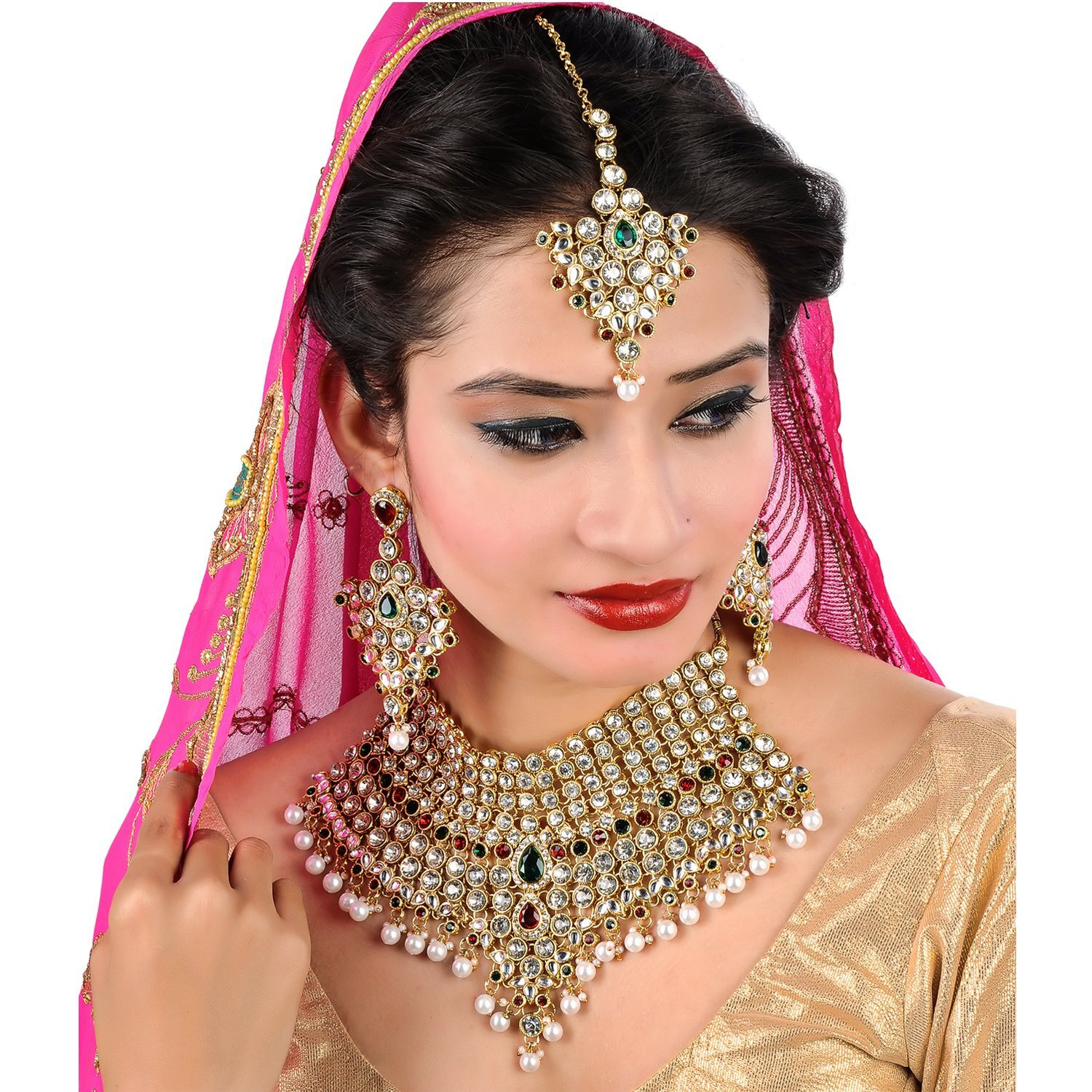 Lucky Jewellery Maroon Green Semi Bridal Dulhan Dulhan Wedding & Engagement Necklace Set with Mang Tikka (1815-L1SS-KD124-MG)
