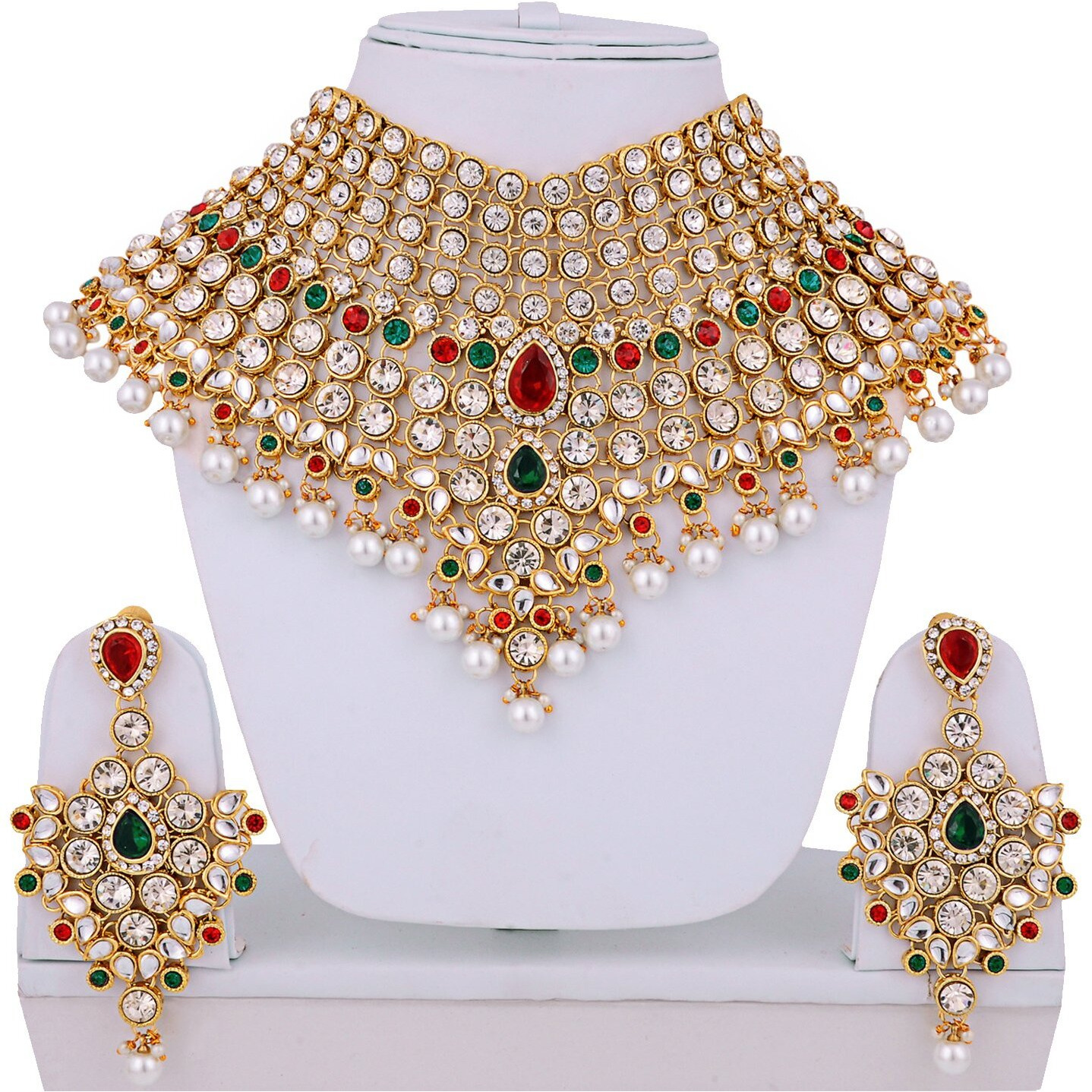 Lucky Jewellery Maroon Green Semi Bridal Dulhan Dulhan Wedding & Engagement Necklace Set with Mang Tikka (1815-L1SS-KD124-MG)