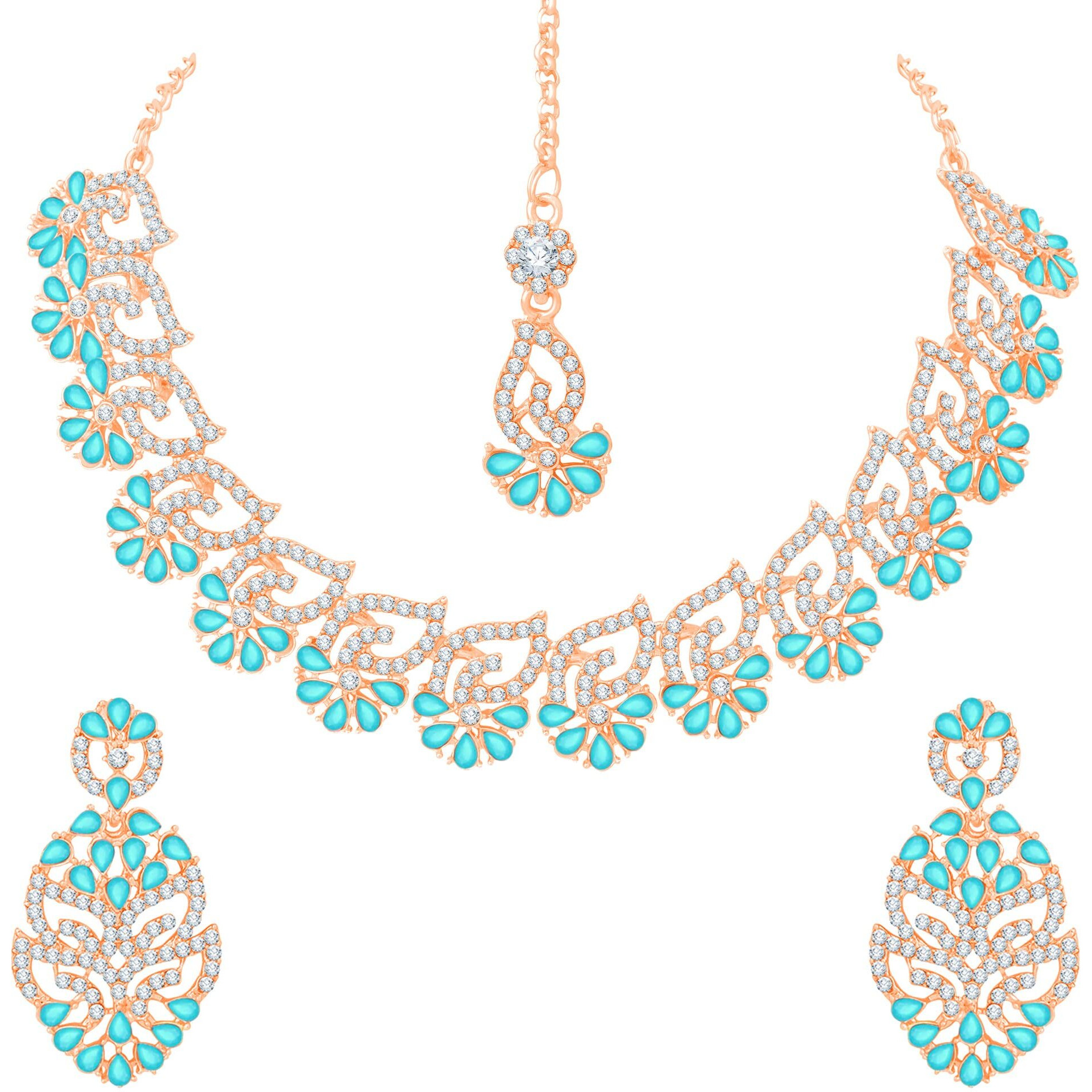 Atasi International Womens Mint Blue Gold Plated Diamond Necklace with Earrings and Maang Tikka for Women - Jewellery Set for Party, Wedding, Engagement (MB5746)