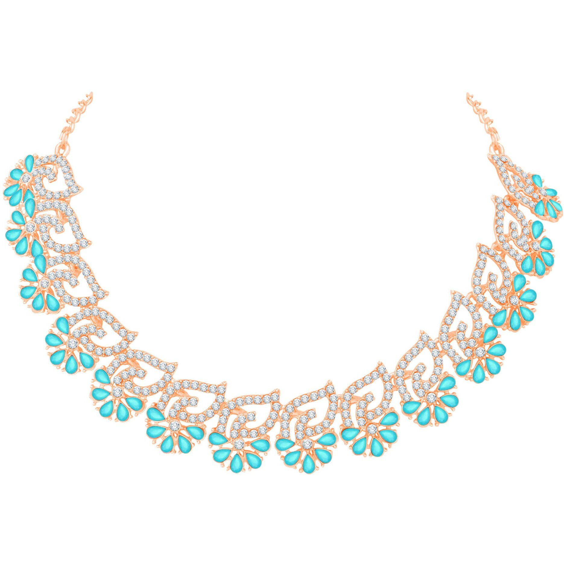 Atasi International Womens Mint Blue Gold Plated Diamond Necklace with Earrings and Maang Tikka for Women - Jewellery Set for Party, Wedding, Engagement (MB5746)