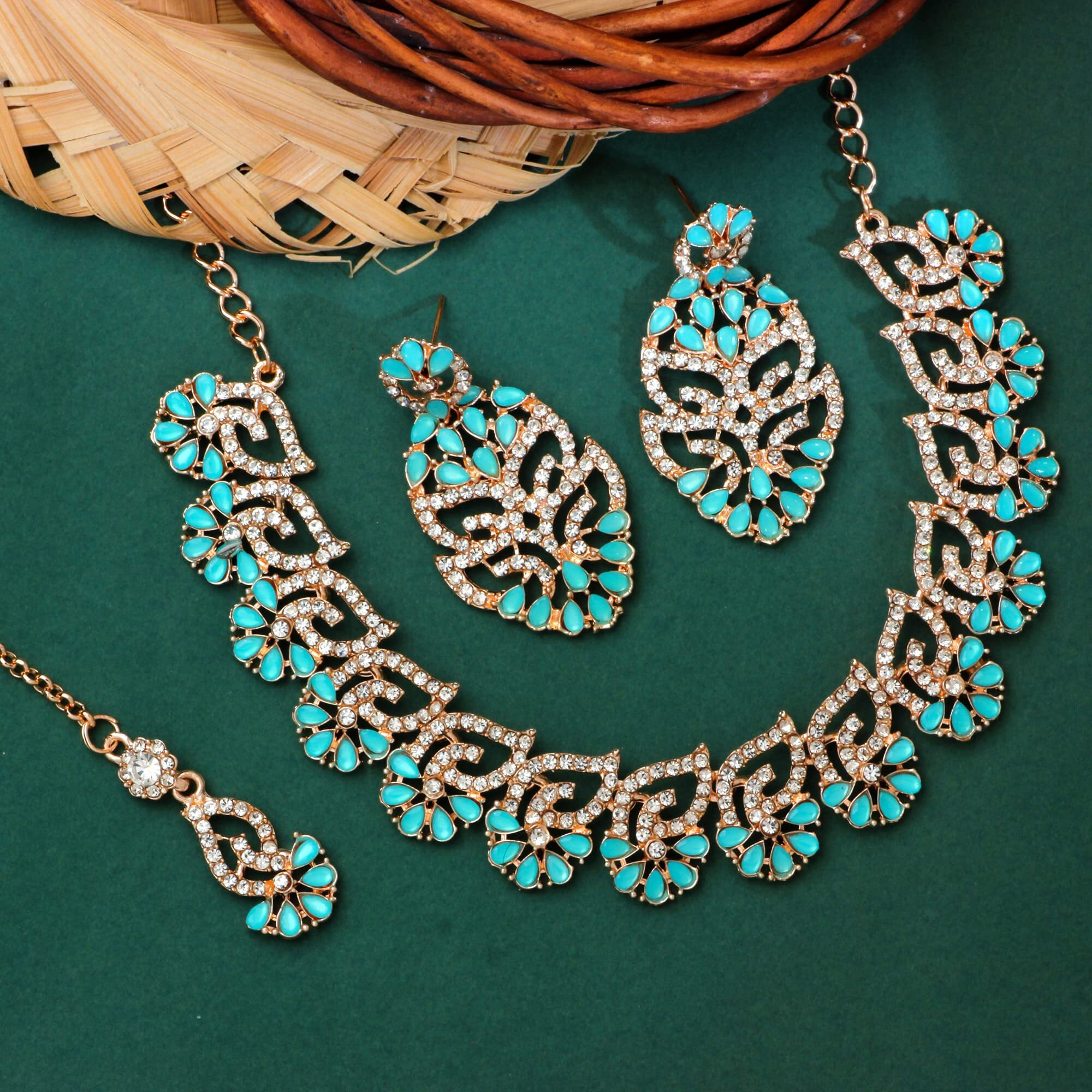 Atasi International Womens Mint Blue Gold Plated Diamond Necklace with Earrings and Maang Tikka for Women - Jewellery Set for Party, Wedding, Engagement (MB5746)