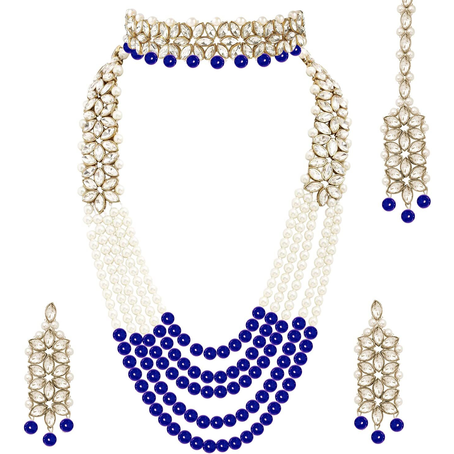 Peora Indian Traditional Gold Plated Kundan Blue Faux Pearl Wedding Bridal Necklace Jewellery Set with Earring Maang Tikka for Women Girls