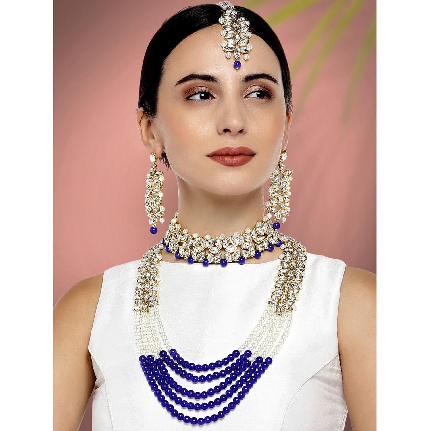 Peora Indian Traditional Gold Plated Kundan Blue Faux Pearl Wedding Bridal Necklace Jewellery Set with Earring Maang Tikka for Women Girls