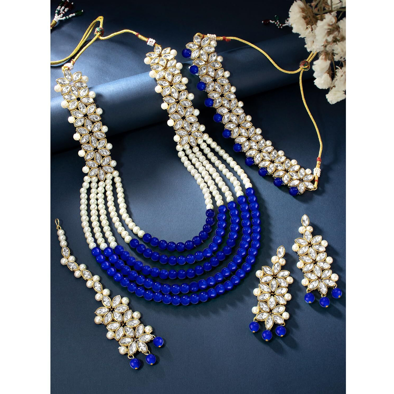 Peora Indian Traditional Gold Plated Kundan Blue Faux Pearl Wedding Bridal Necklace Jewellery Set with Earring Maang Tikka for Women Girls