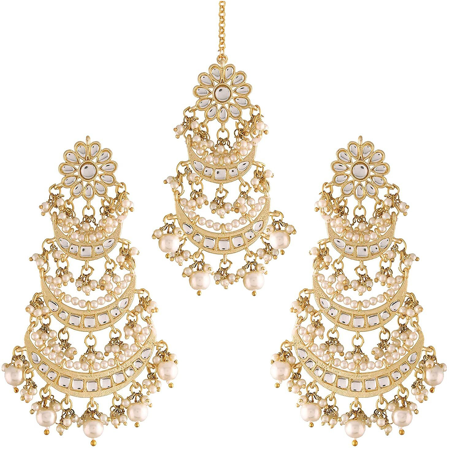 Peora Gold Plated Kundan Pearl Long Dangle Chandbali Earring Maang Tikka Jewellery Set for Women Girls