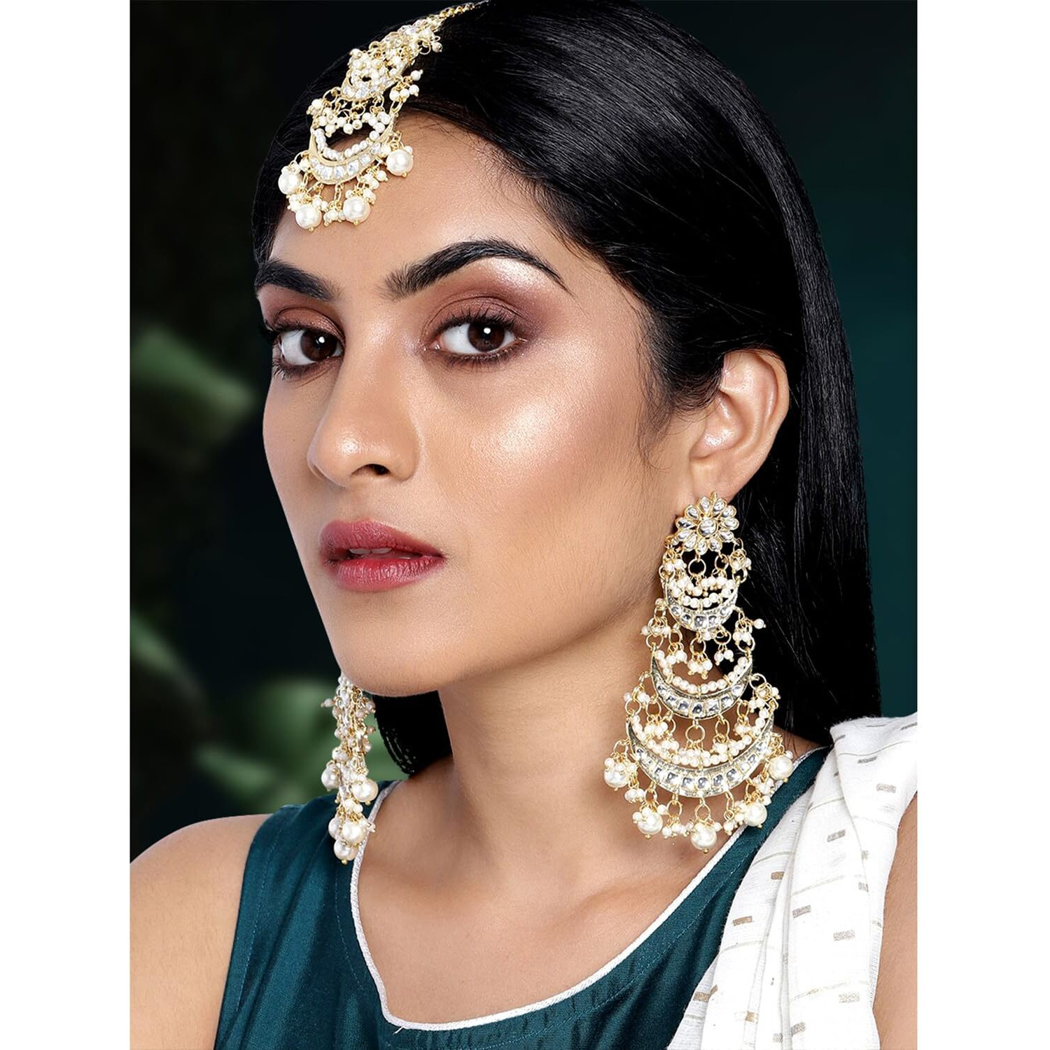 Peora Gold Plated Kundan Pearl Long Dangle Chandbali Earring Maang Tikka Jewellery Set for Women Girls