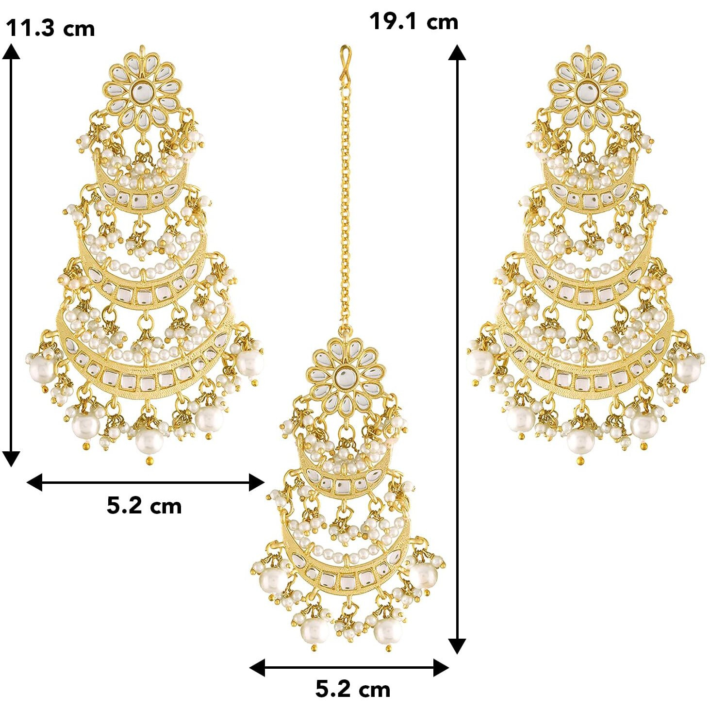 Peora Gold Plated Kundan Pearl Long Dangle Chandbali Earring Maang Tikka Jewellery Set for Women Girls