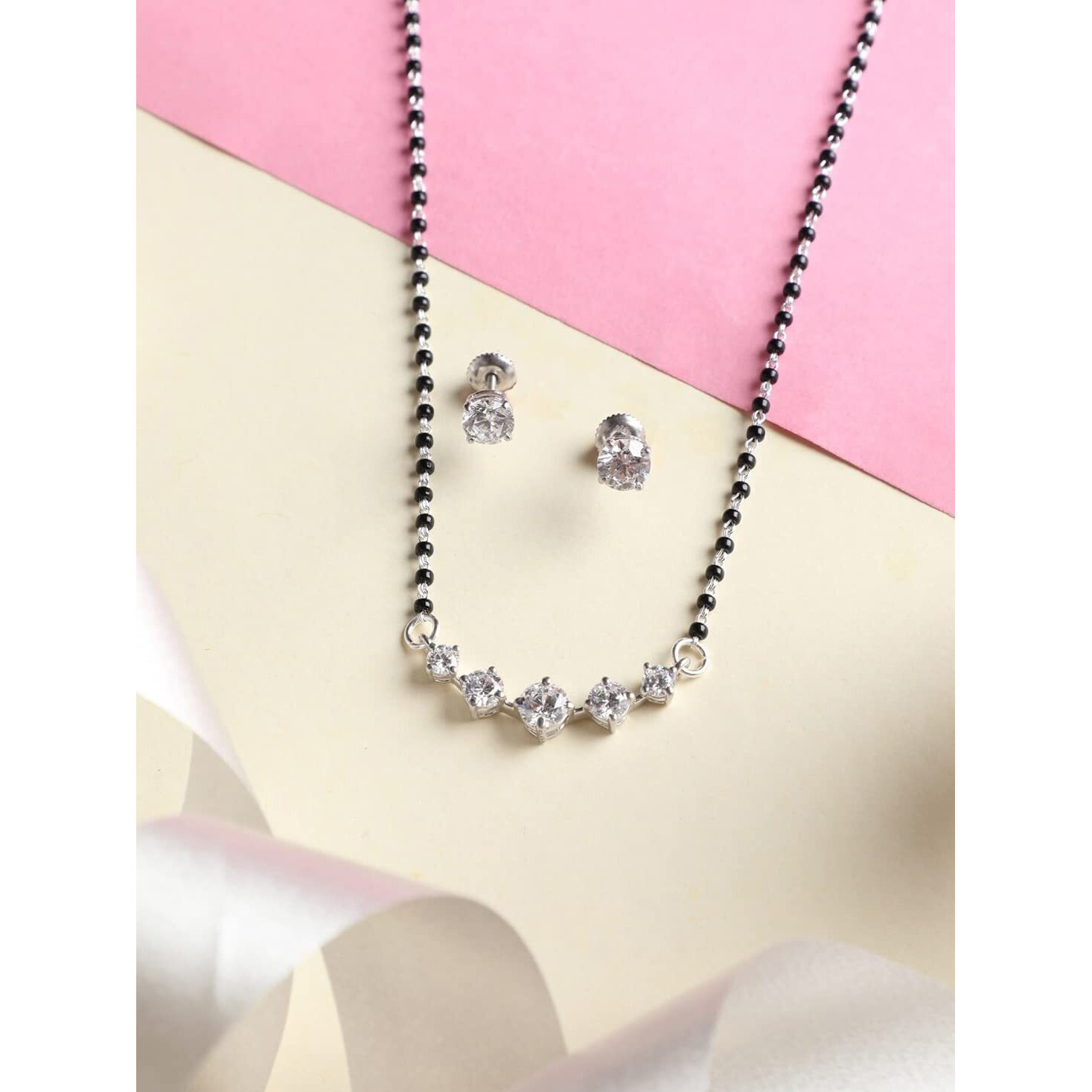 Clara 925 Sterling Silver 5 Stone Mangalsutra Tanmaniya Pendant Earring Jewellery set With Chain Gift for Women and Girls