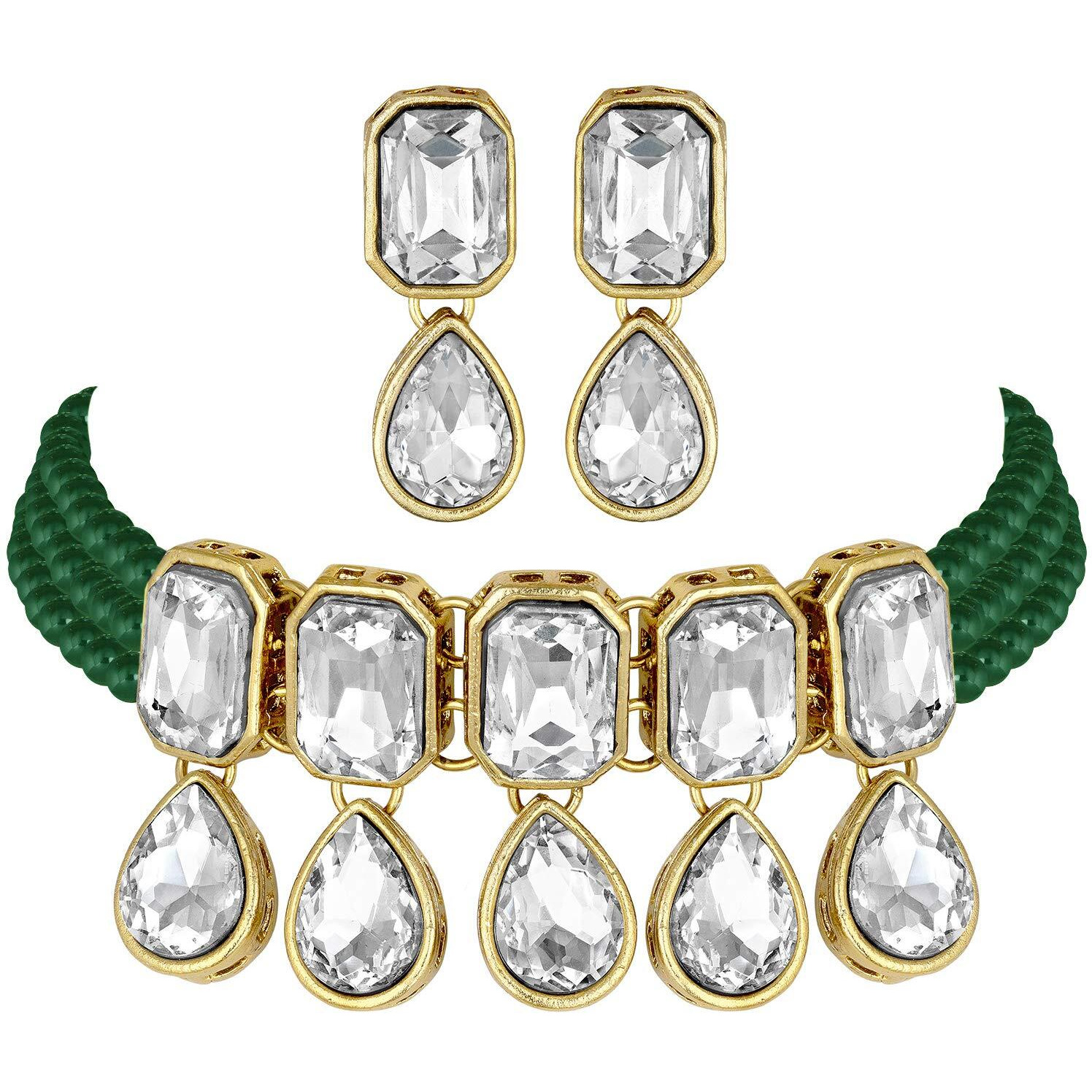 Peora Crystal Pearl Traditional Ethnic Bridal Choker Necklace with Earrings Jewellery Set for Women Girls