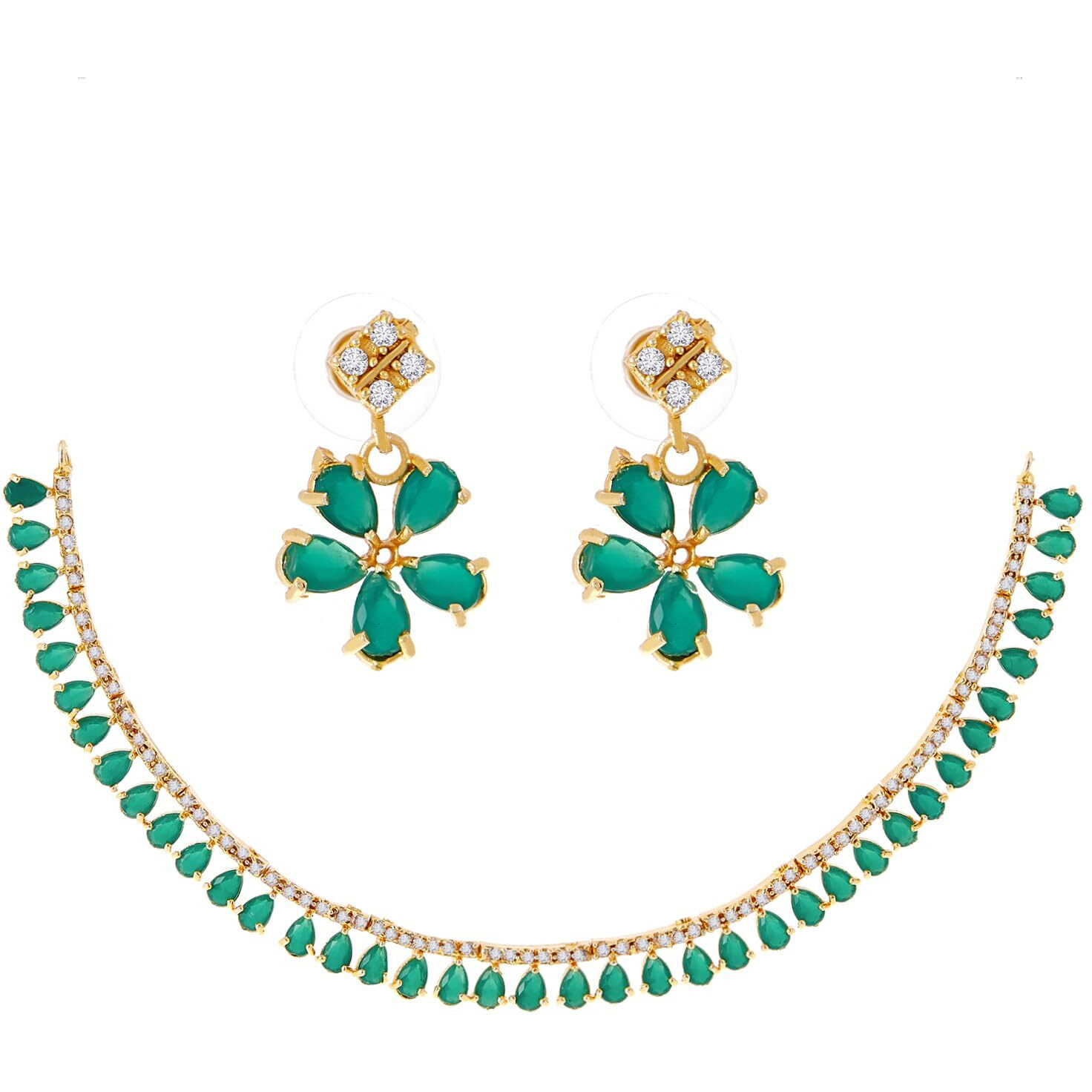 ZENEME Gold Plated American Diamond Necklace with Earrings Jewellery for Women & Girls (Green)