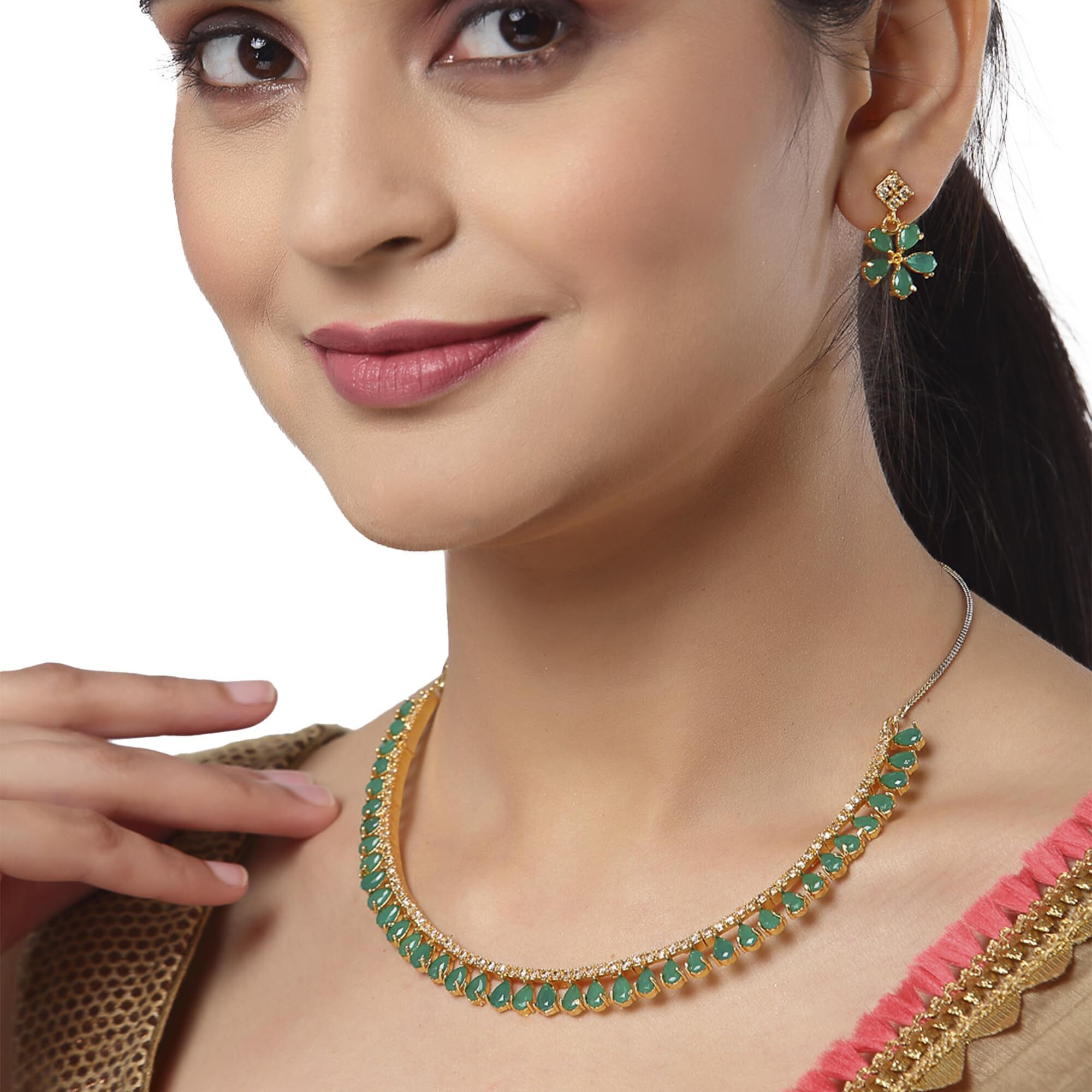 ZENEME Gold Plated American Diamond Necklace with Earrings Jewellery for Women & Girls (Green)