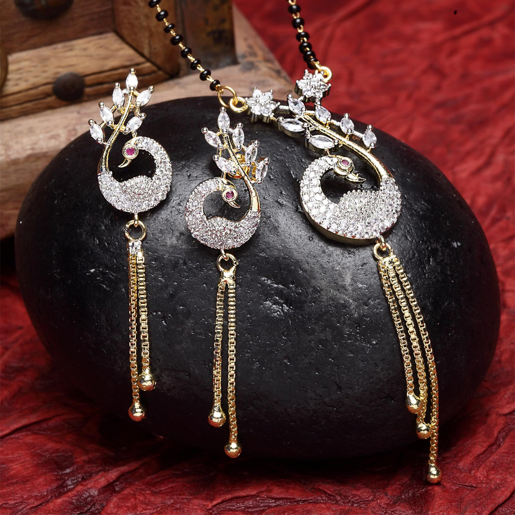 ZENEME Mangalsutra Stylish Peacock Design CZ Studded Gold Plated Tanmaniya Nallapusalu with Long Earrings for Women
