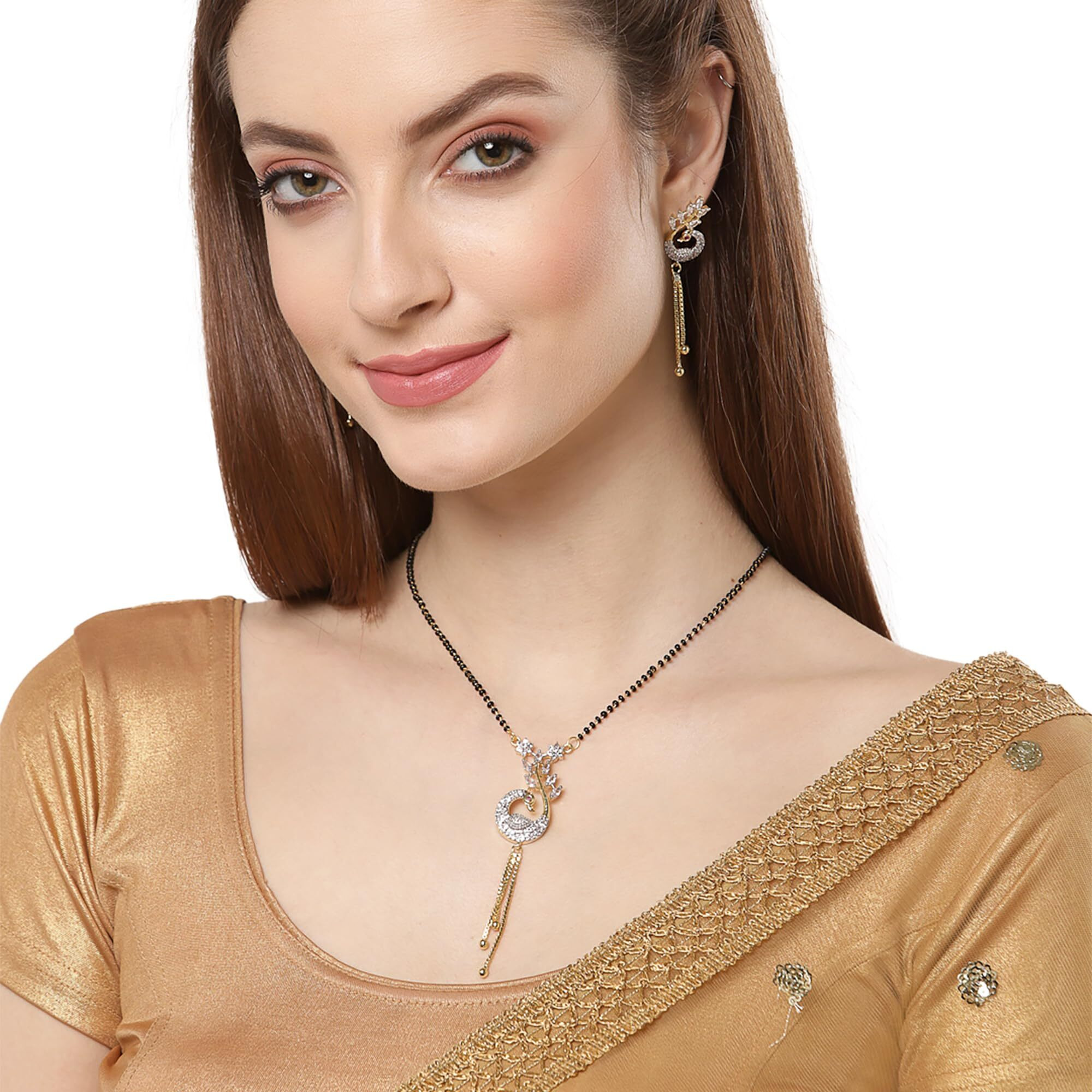 ZENEME Mangalsutra Stylish Peacock Design CZ Studded Gold Plated Tanmaniya Nallapusalu with Long Earrings for Women