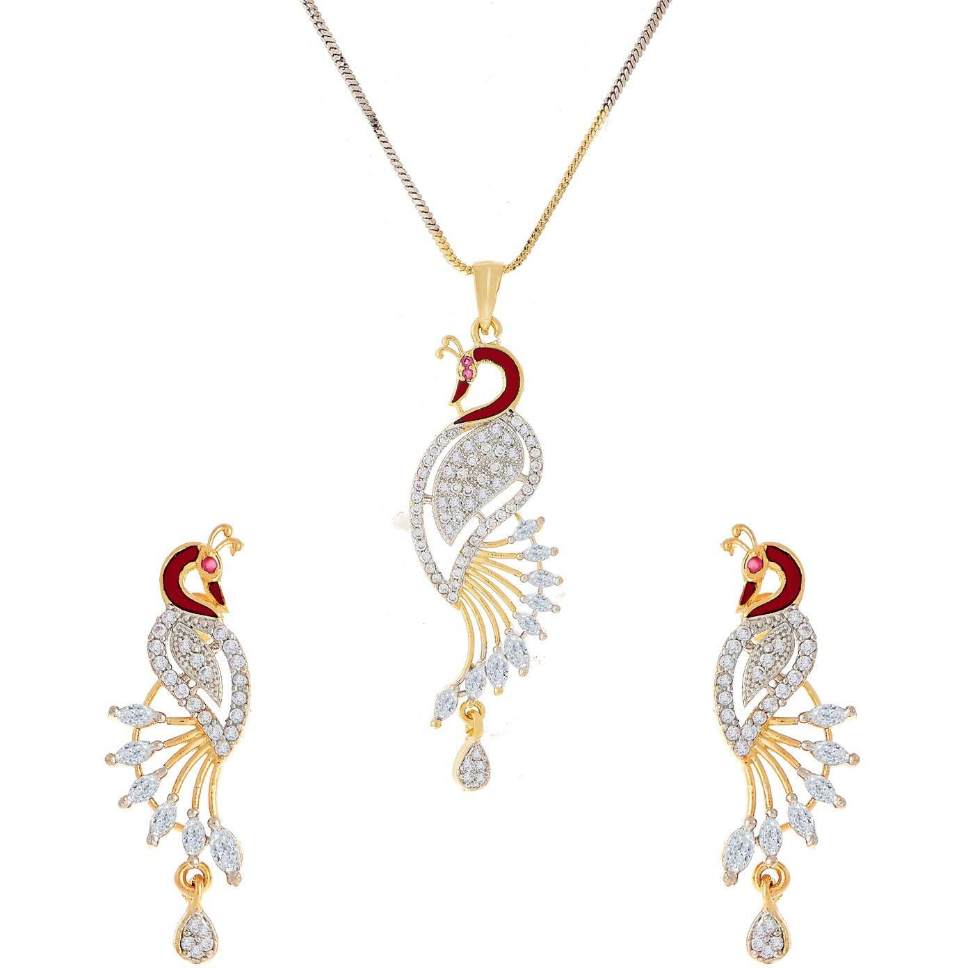ZENEME Pendant Gold Plated American Diamond Multi Colour Peacock Design Pendant Set With Earring Jewellery For Girls & Women (Design 3)