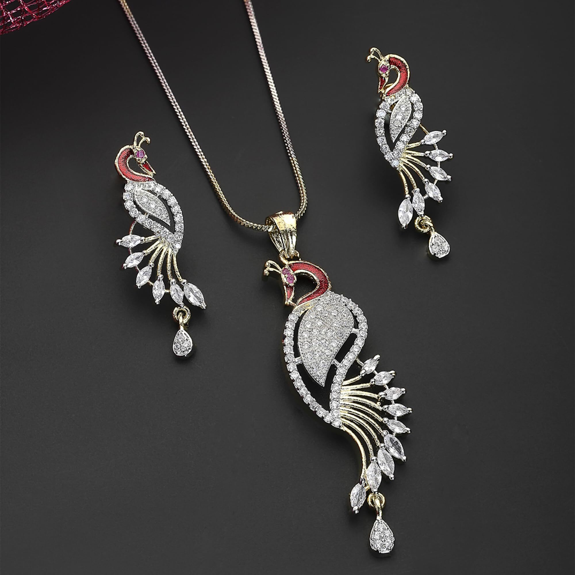ZENEME Pendant Gold Plated American Diamond Multi Colour Peacock Design Pendant Set With Earring Jewellery For Girls & Women (Design 3)