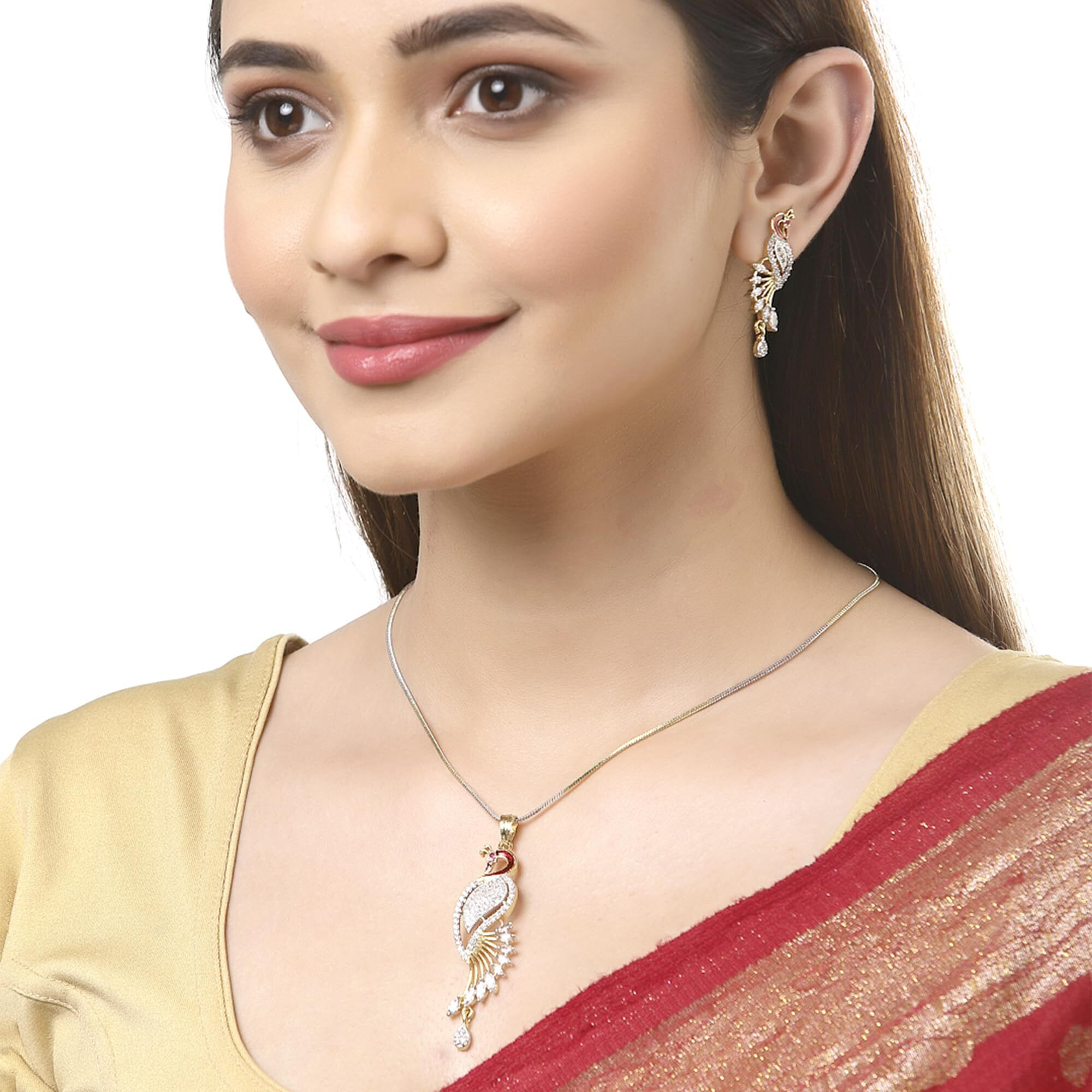 ZENEME Pendant Gold Plated American Diamond Multi Colour Peacock Design Pendant Set With Earring Jewellery For Girls & Women (Design 3)