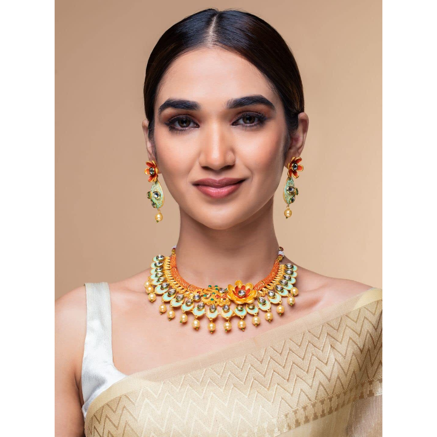 Priyaasi Kundan Jewellery Set for Women | Choker Set for Women | Green-Toned Gold-Plated Jewellery Set for Women | Wedding and Festive