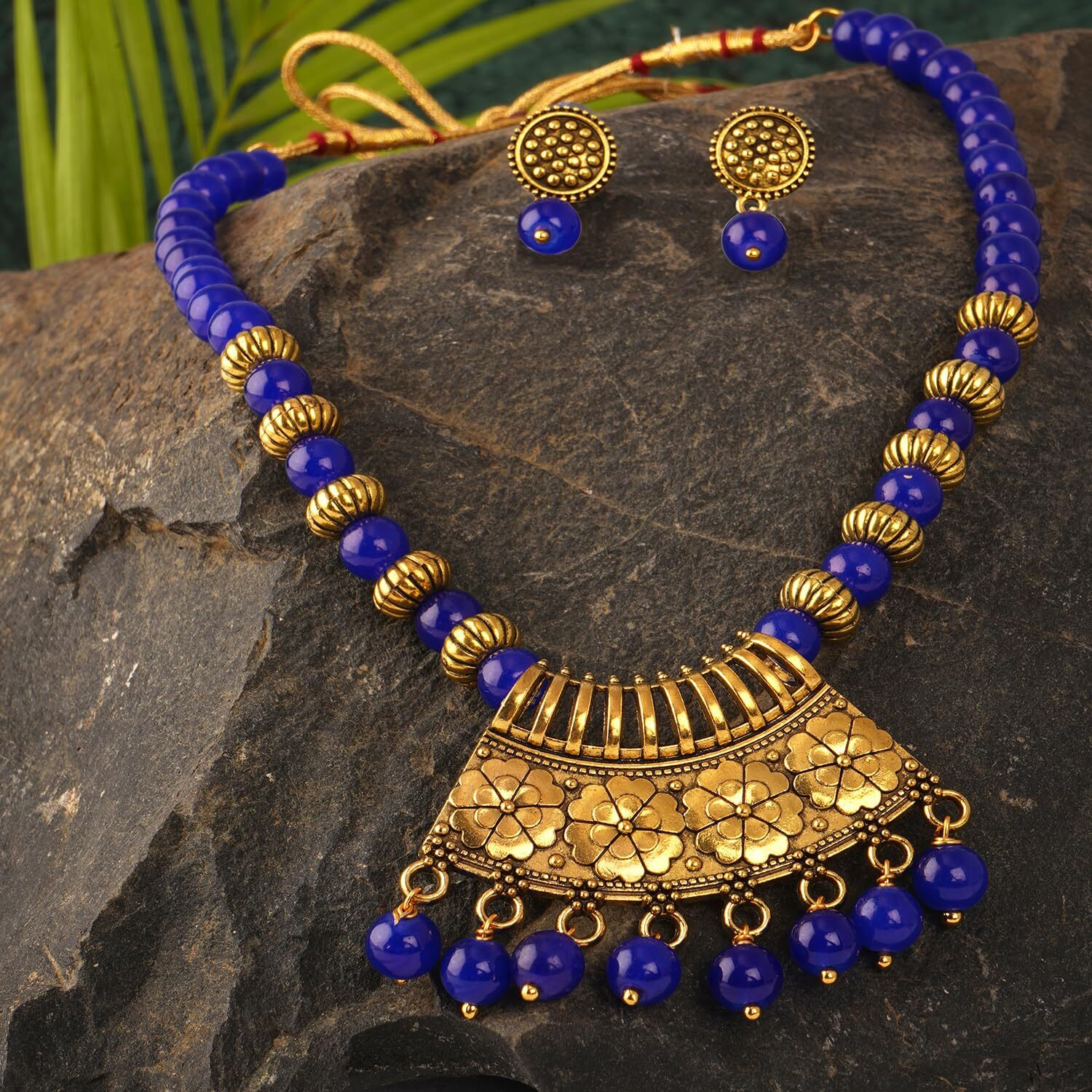 JFL - Jewellery for Less Stylish Gold Plated Antique Semi-Circle Pendant Beaded Tribal Necklace Set for Women and Girls (Navy Blue),Valentine