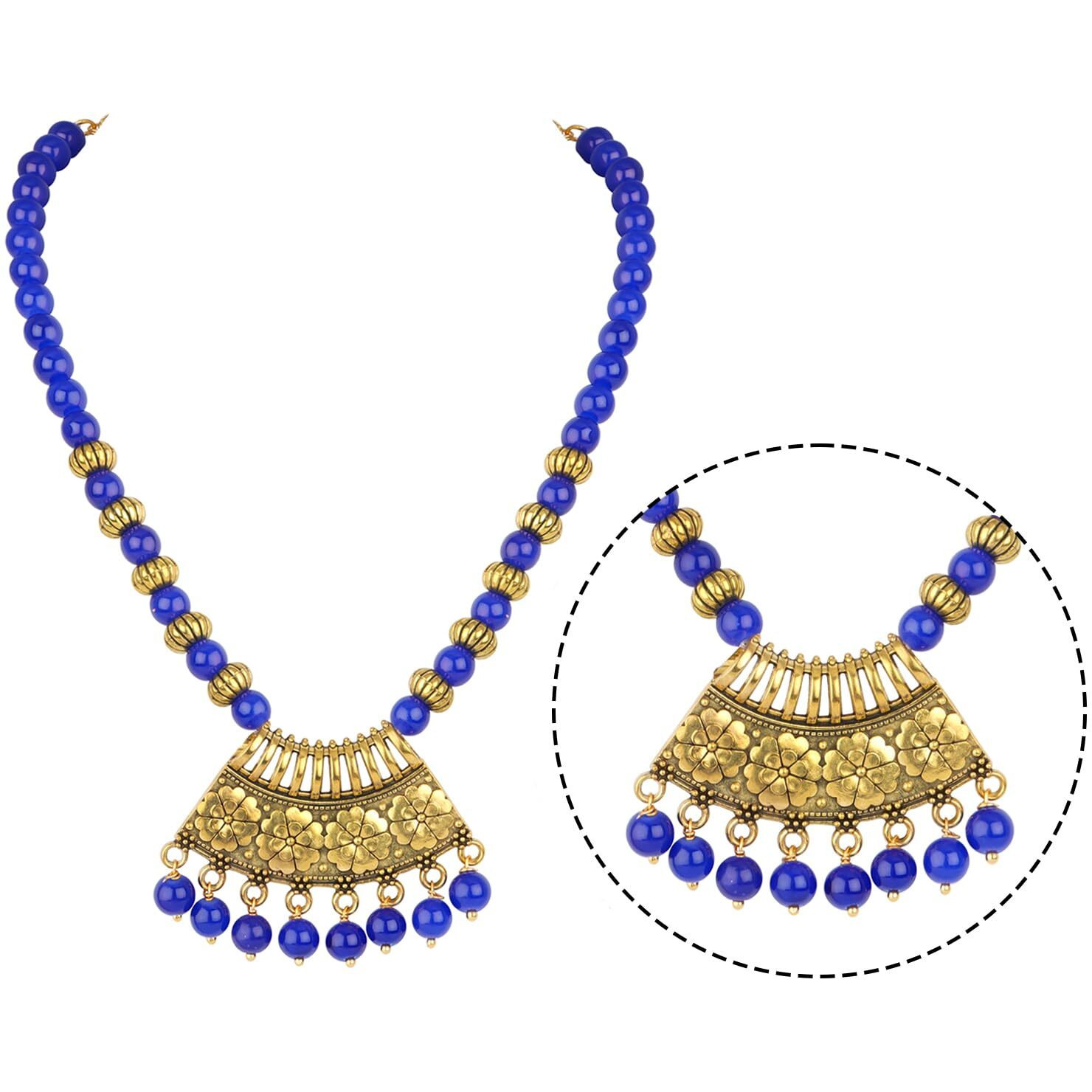 JFL - Jewellery for Less Stylish Gold Plated Antique Semi-Circle Pendant Beaded Tribal Necklace Set for Women and Girls (Navy Blue),Valentine