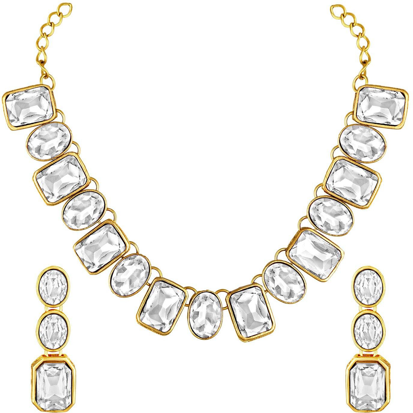 Peora Gold Plated Wedding Square Crystal Necklace with Drop Earrings Indian Traditional Ethnic Jewellery Set for Women Girls