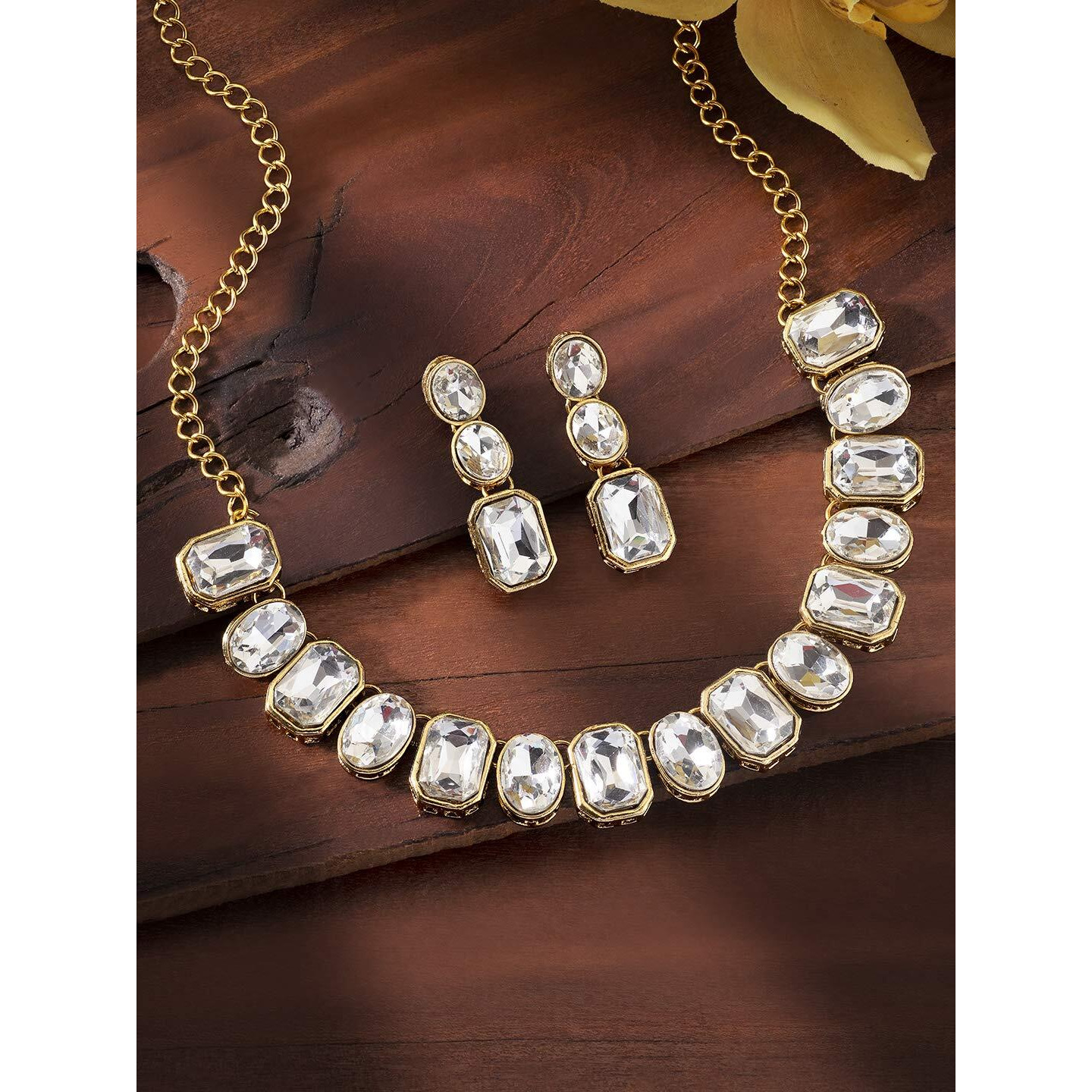 Peora Gold Plated Wedding Square Crystal Necklace with Drop Earrings Indian Traditional Ethnic Jewellery Set for Women Girls