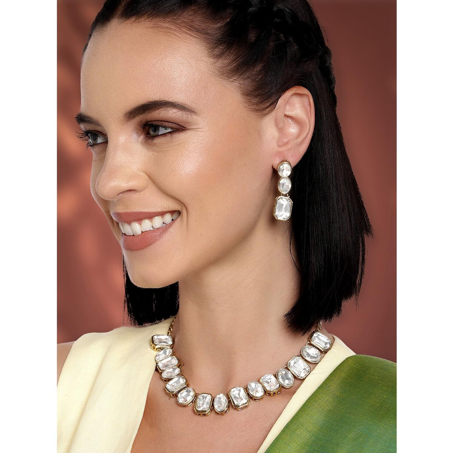 Peora Gold Plated Wedding Square Crystal Necklace with Drop Earrings Indian Traditional Ethnic Jewellery Set for Women Girls