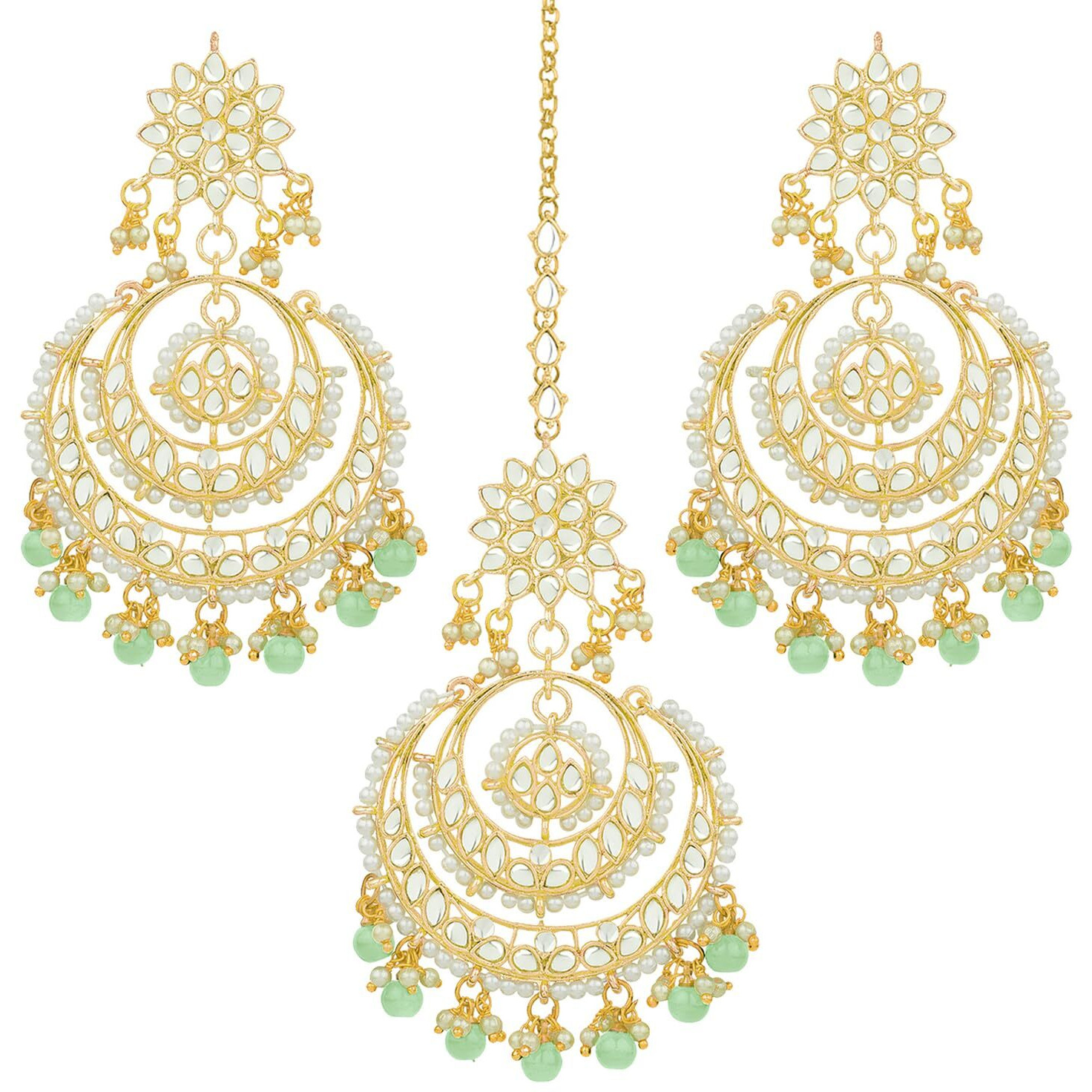 Peora Traditional Jewellery 18K Gold Plated Kundan & Pearl Maang Tikka Earring Set for Women Girls (Mint)