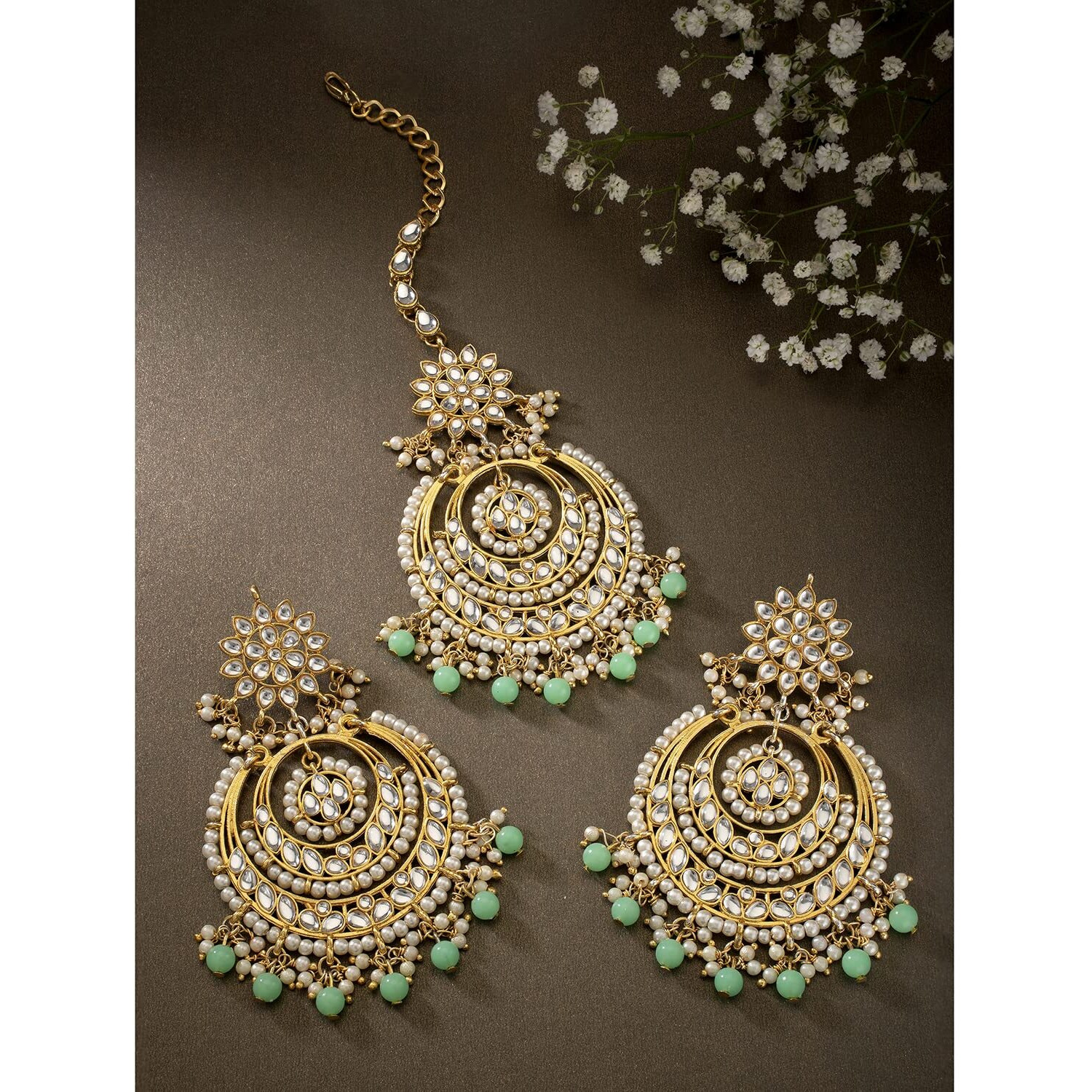 Peora Traditional Jewellery 18K Gold Plated Kundan & Pearl Maang Tikka Earring Set for Women Girls (Mint)