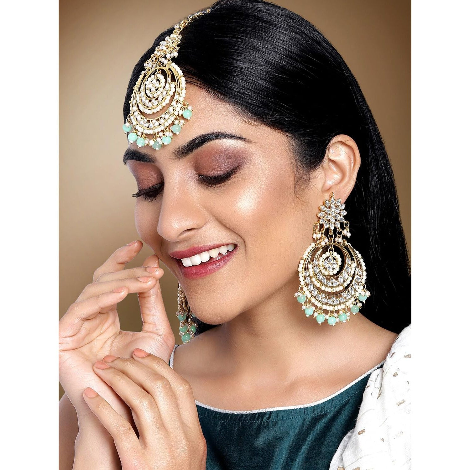 Peora Traditional Jewellery 18K Gold Plated Kundan & Pearl Maang Tikka Earring Set for Women Girls (Mint)