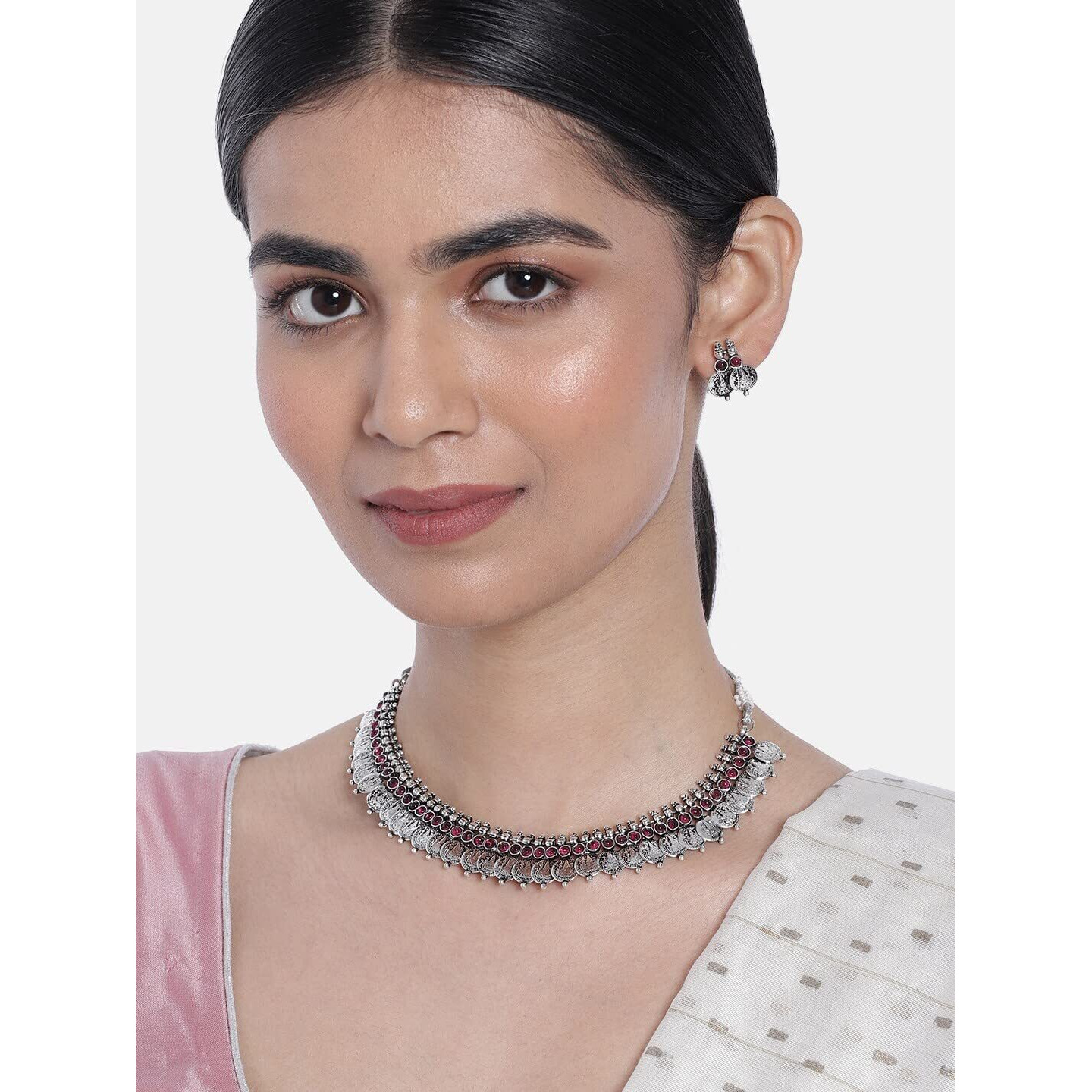 I Jewels 18K Silver Oxidised Traditional Style Coin Necklace With Earrings For Women & Girls (MC063ZQ)