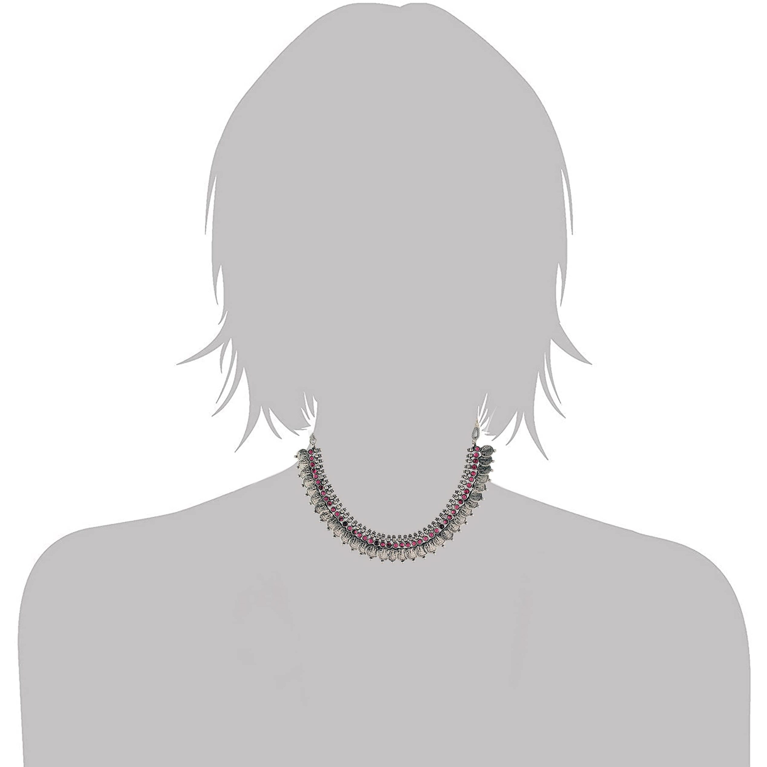 I Jewels 18K Silver Oxidised Traditional Style Coin Necklace With Earrings For Women & Girls (MC063ZQ)
