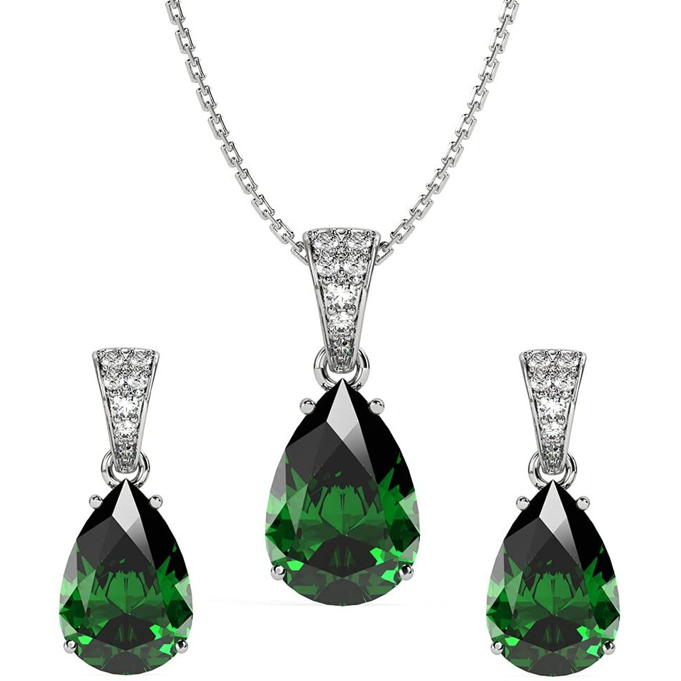 Clara 925 Sterling Silver Dark Green Tear Drop Pendant Earring Chain Jewellery Set | Rhodium Plated, Swiss Zirconia | Gift for Women & Girls