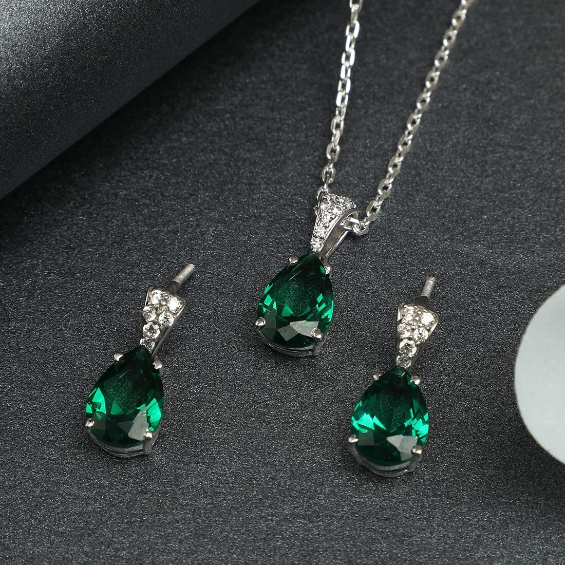Clara 925 Sterling Silver Dark Green Tear Drop Pendant Earring Chain Jewellery Set | Rhodium Plated, Swiss Zirconia | Gift for Women & Girls