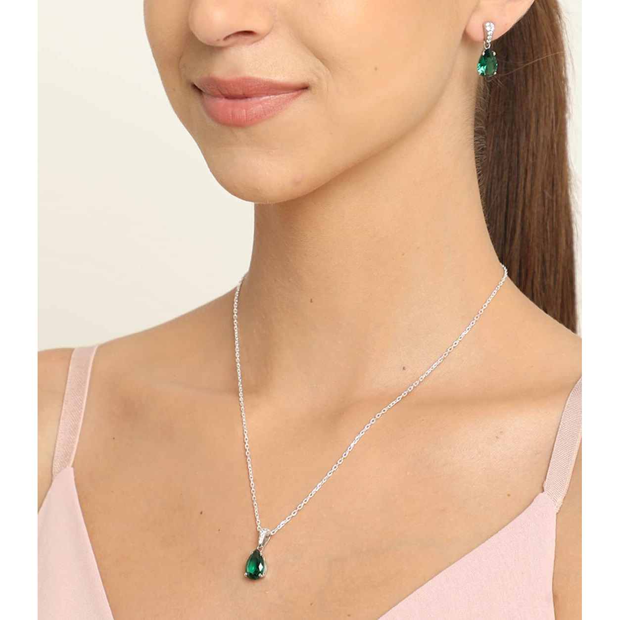 Clara 925 Sterling Silver Dark Green Tear Drop Pendant Earring Chain Jewellery Set | Rhodium Plated, Swiss Zirconia | Gift for Women & Girls