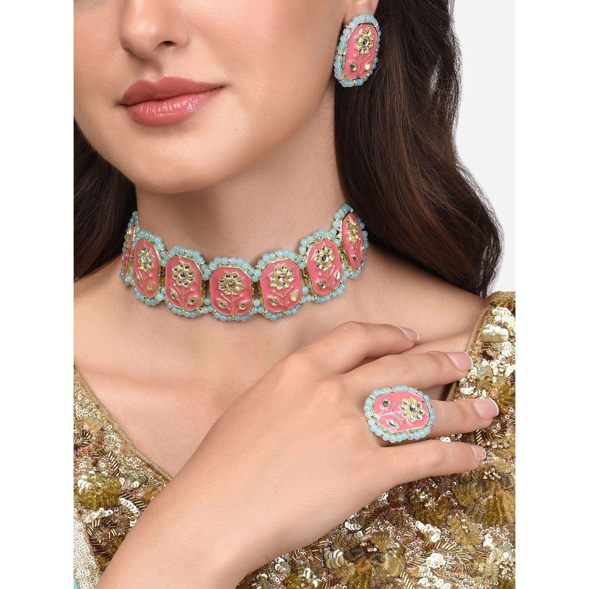ZAVERI PEARLS Pink Meenakari Kundan Flowers Turquoise Beaded Choker Necklace Earring & Ring Set For Women-ZPFK13973