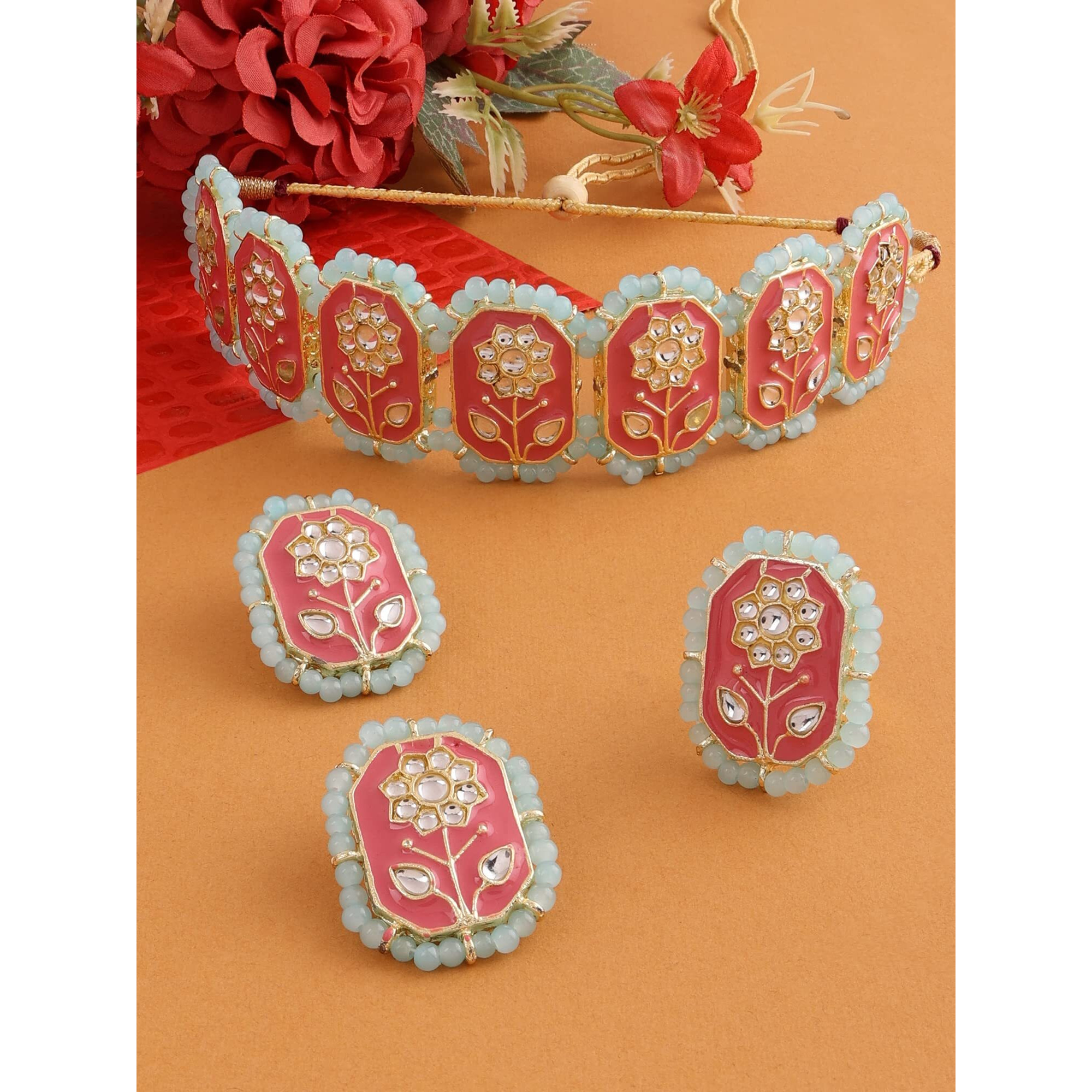ZAVERI PEARLS Pink Meenakari Kundan Flowers Turquoise Beaded Choker Necklace Earring & Ring Set For Women-ZPFK13973