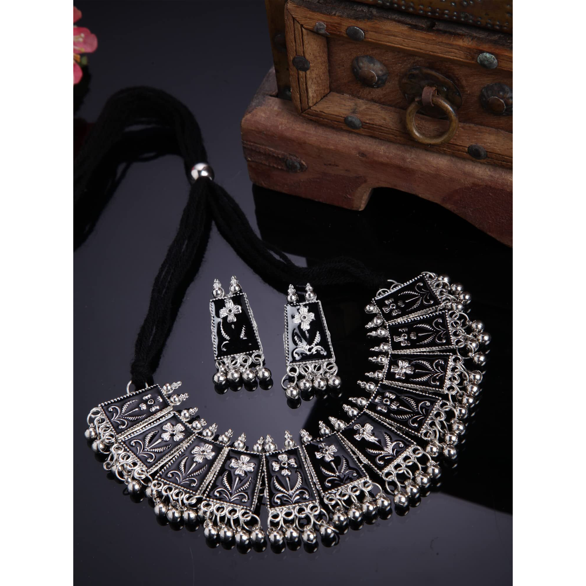 Shining Diva Fashion Latest Stylish Traditional Oxidised Silver Necklace Jewellery Set for Women (13130s)