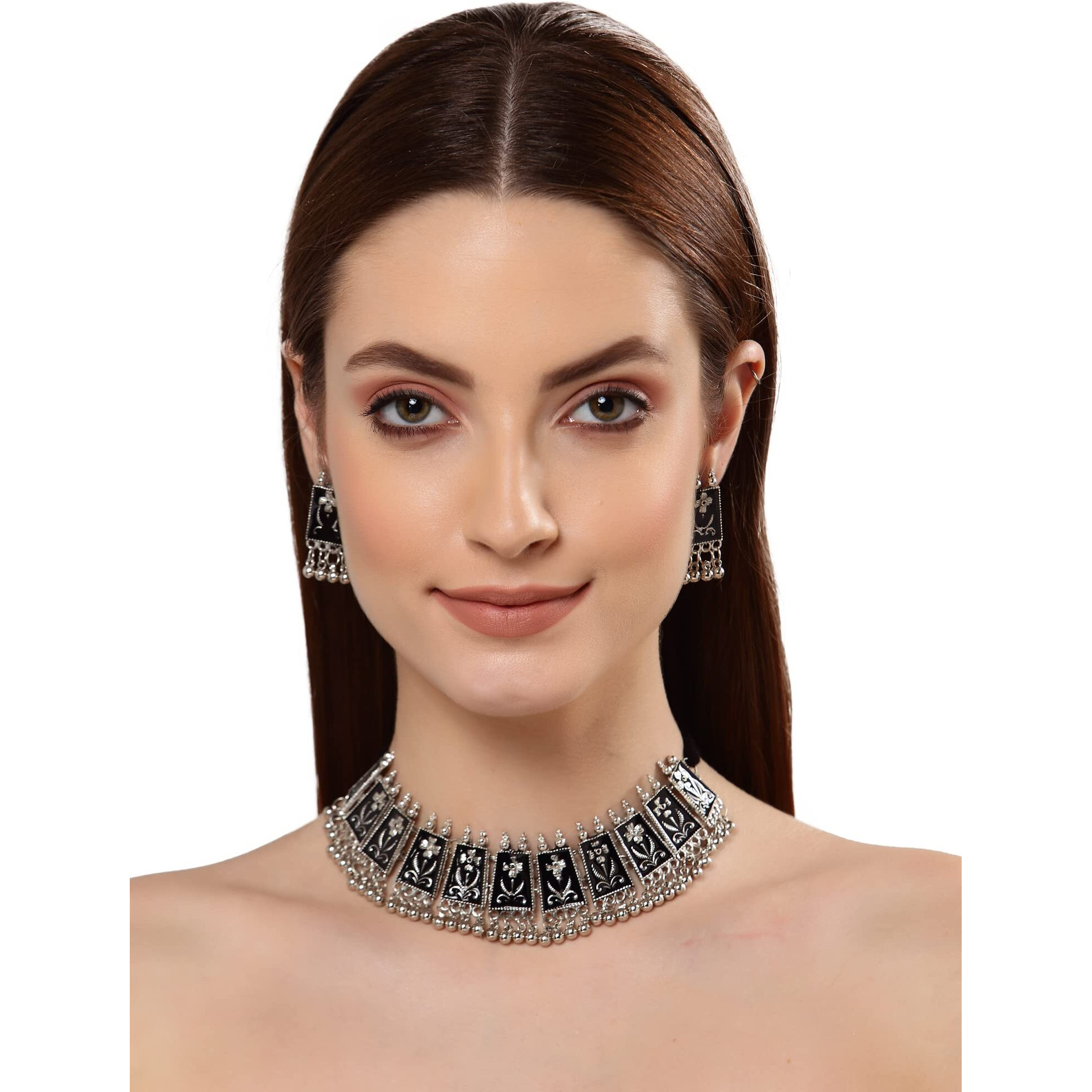 Shining Diva Fashion Latest Stylish Traditional Oxidised Silver Necklace Jewellery Set for Women (13130s)